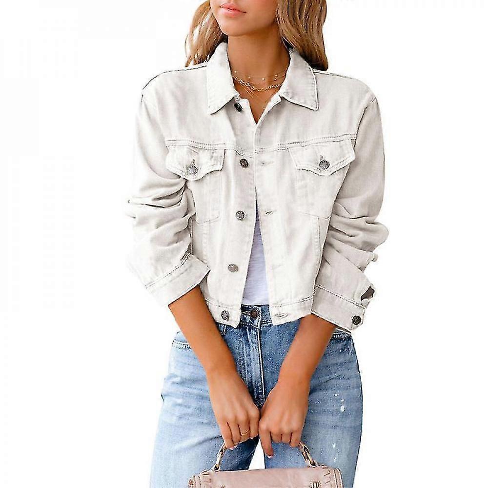Women's Basic Button Down Stretch Montert lange ermer Denim Jean Jacket GKE