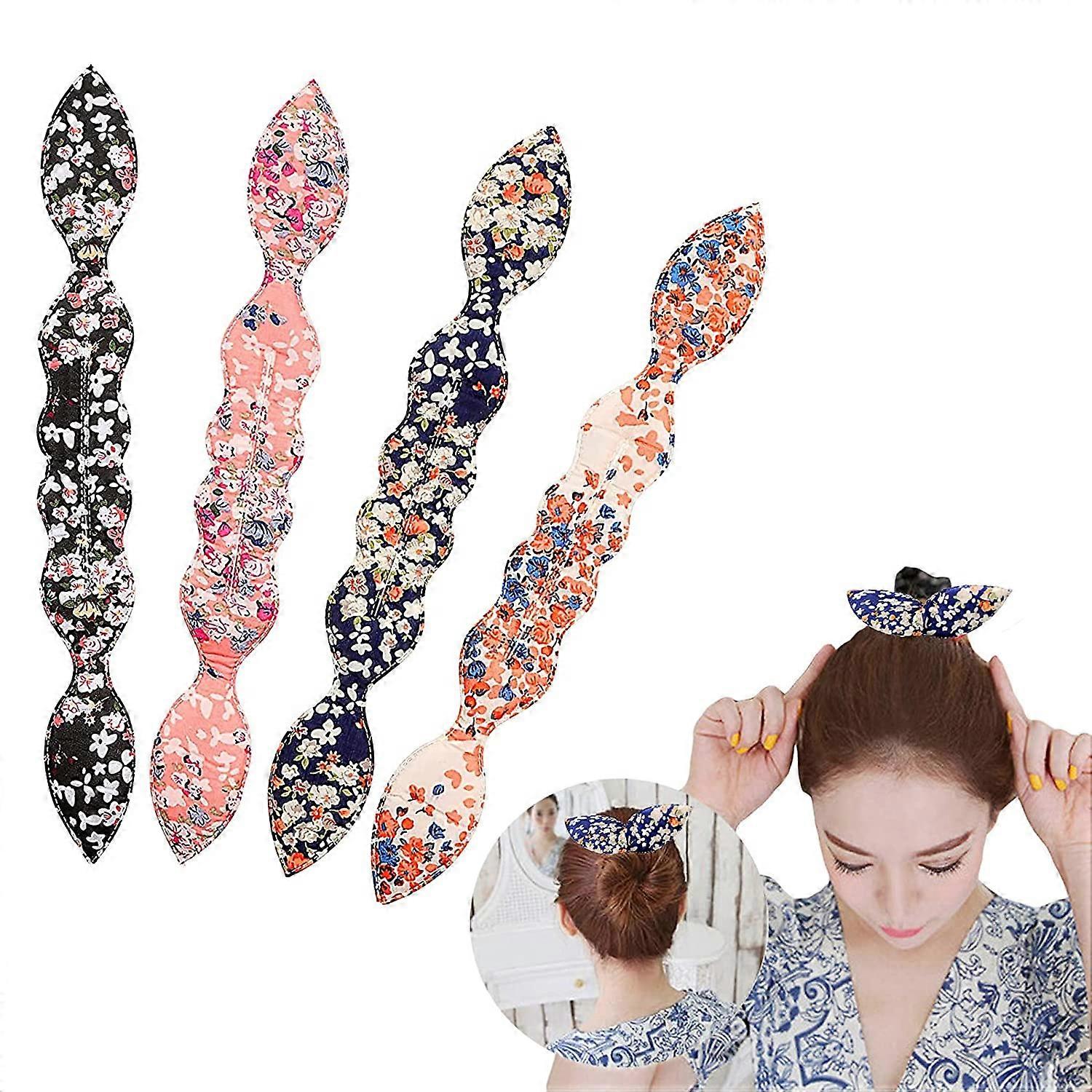 Hair Bun Maker, 4st Magic Rabbit Ear Styling Curl Bun Maker Flexibel återanvändbar Bun Crown Twister - Blommig