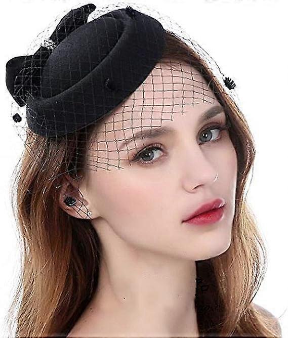 Black - vintage fascinator hat with hair clip and mesh veil for women and girls