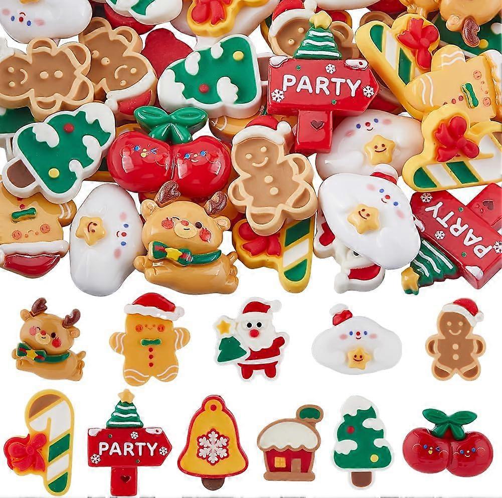 60cs 2 Styles Christmas Opaque Resin Decoden Cabochons Santa Claus & Gingerbread Man & Christmas Bell Mixed Shapes Mixed Color 25.5~31.5x18~26x5~11mm