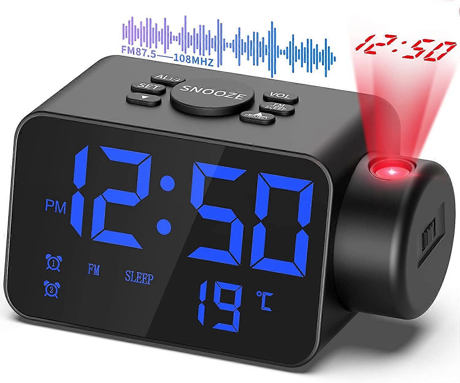 Radiosveglia a proiezione a soffitto, Sveglia FM con proiettore a soffitto, Display della temperatura, Dual USB