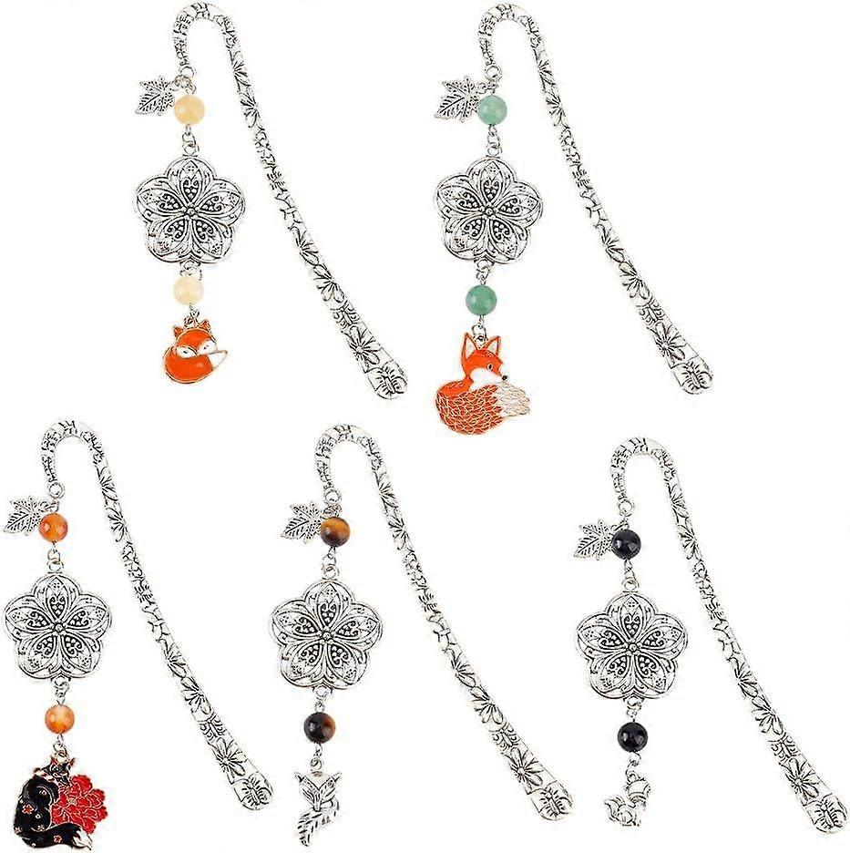 5pcs Metal Bookmarks 5 Styles Beading Flower Bookmarks with Fox and Natural Stone Pendant Vintage Dangle Bookmarks Reading Accessory for Student Teach