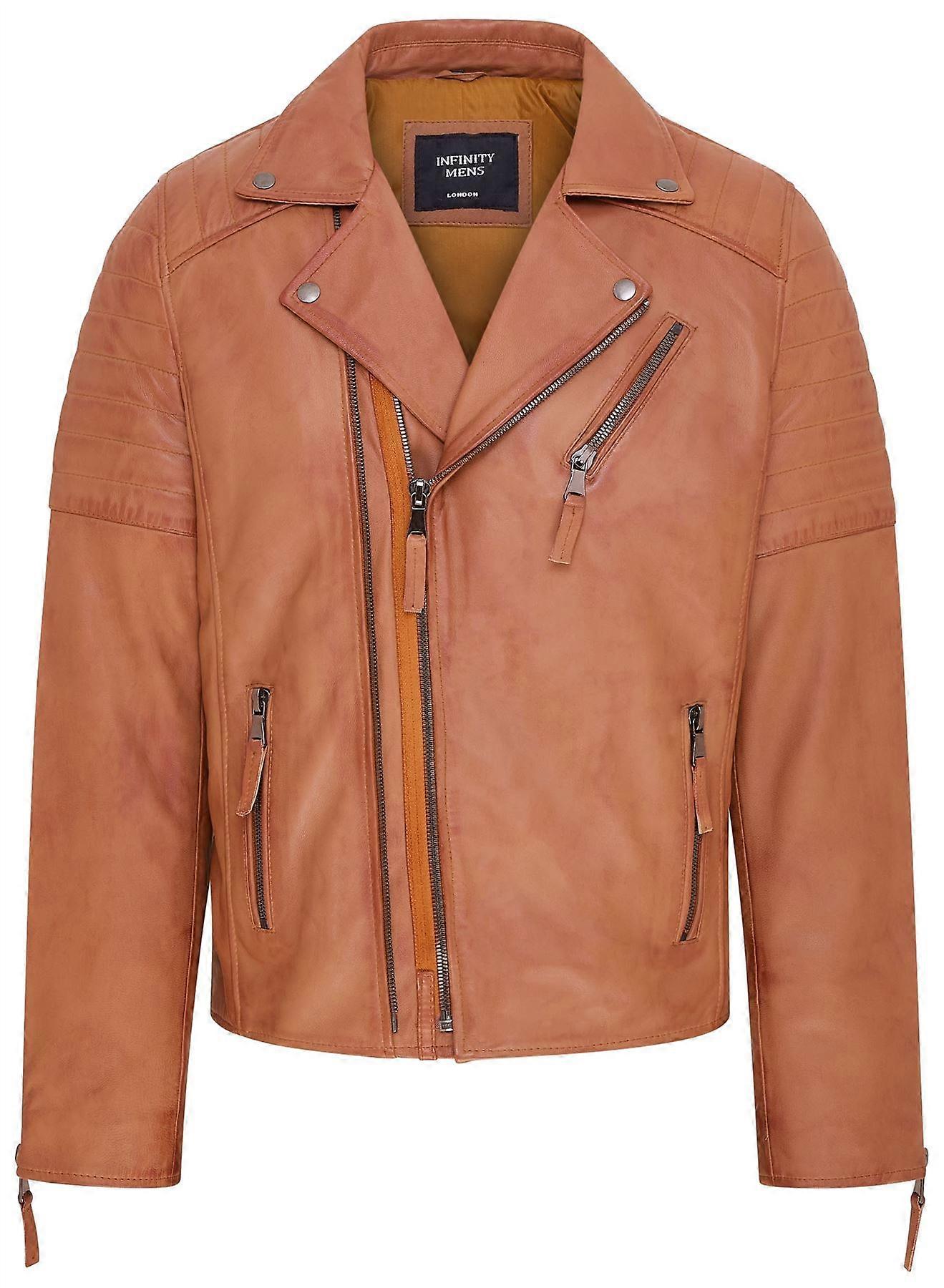 Mens Tan Slim Fit Brando Style Double Cross Zip 100% Leather Biker Jacket