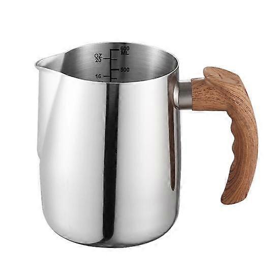 600/1000ML Milk Frothing Pitcher with Precise Scale Wooden Handle Dripless Spout Stainless Steel Latte Coffee Cup Milk Coffee Espresso Cappuccino
