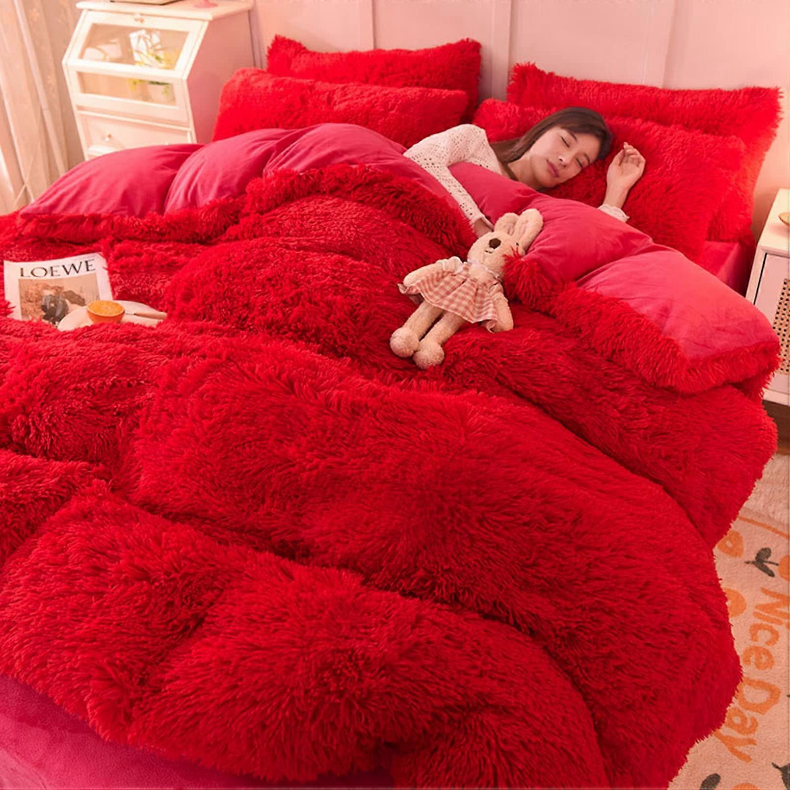 4 Pieces Luxury Plush Shaggy Faux Fur Super Soft Red Fluffy Duvet Cover Set Bedding Set Queen Size