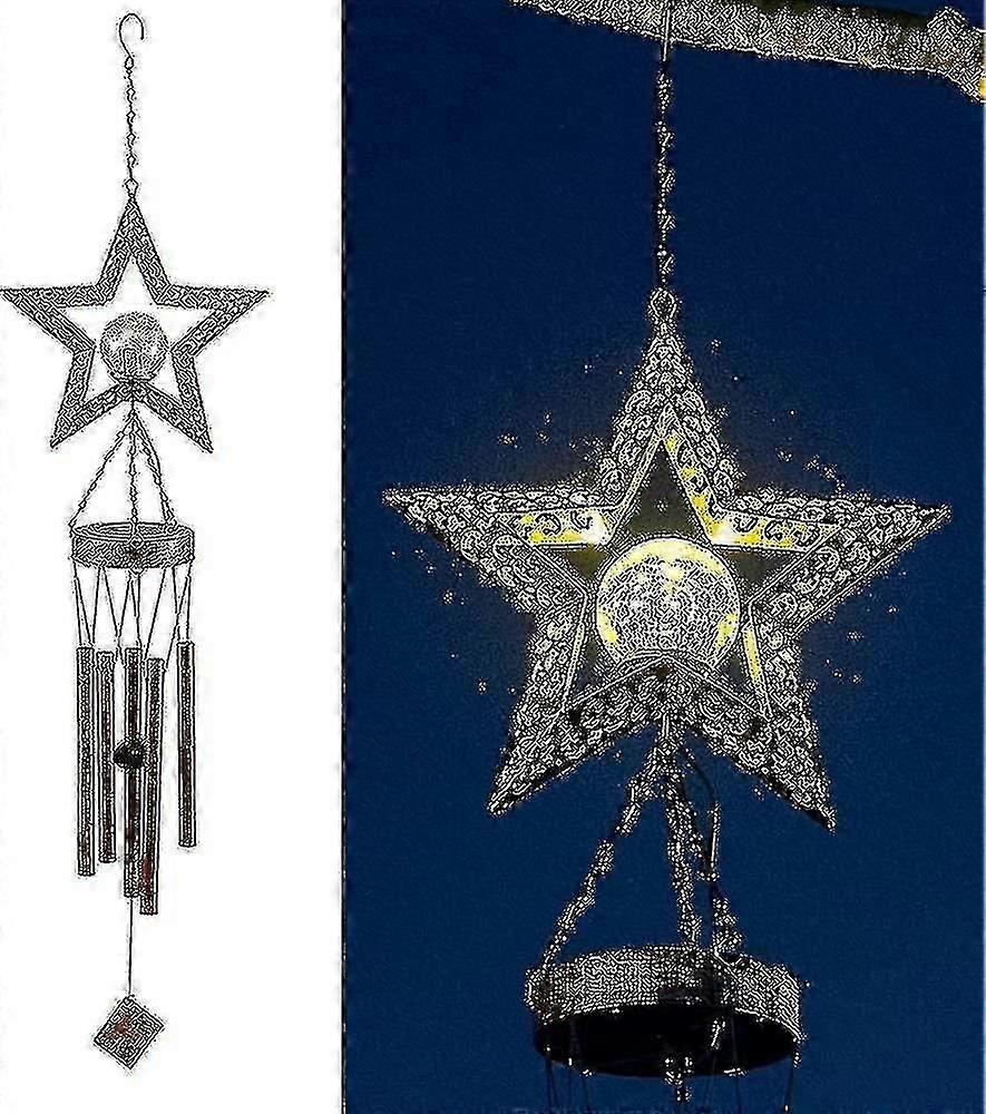 Carillon éolien solaire, carillon éolien étoile de jardin extérieur, lumière LED blanche chaude suspendue avec de l’eau de tube en métal