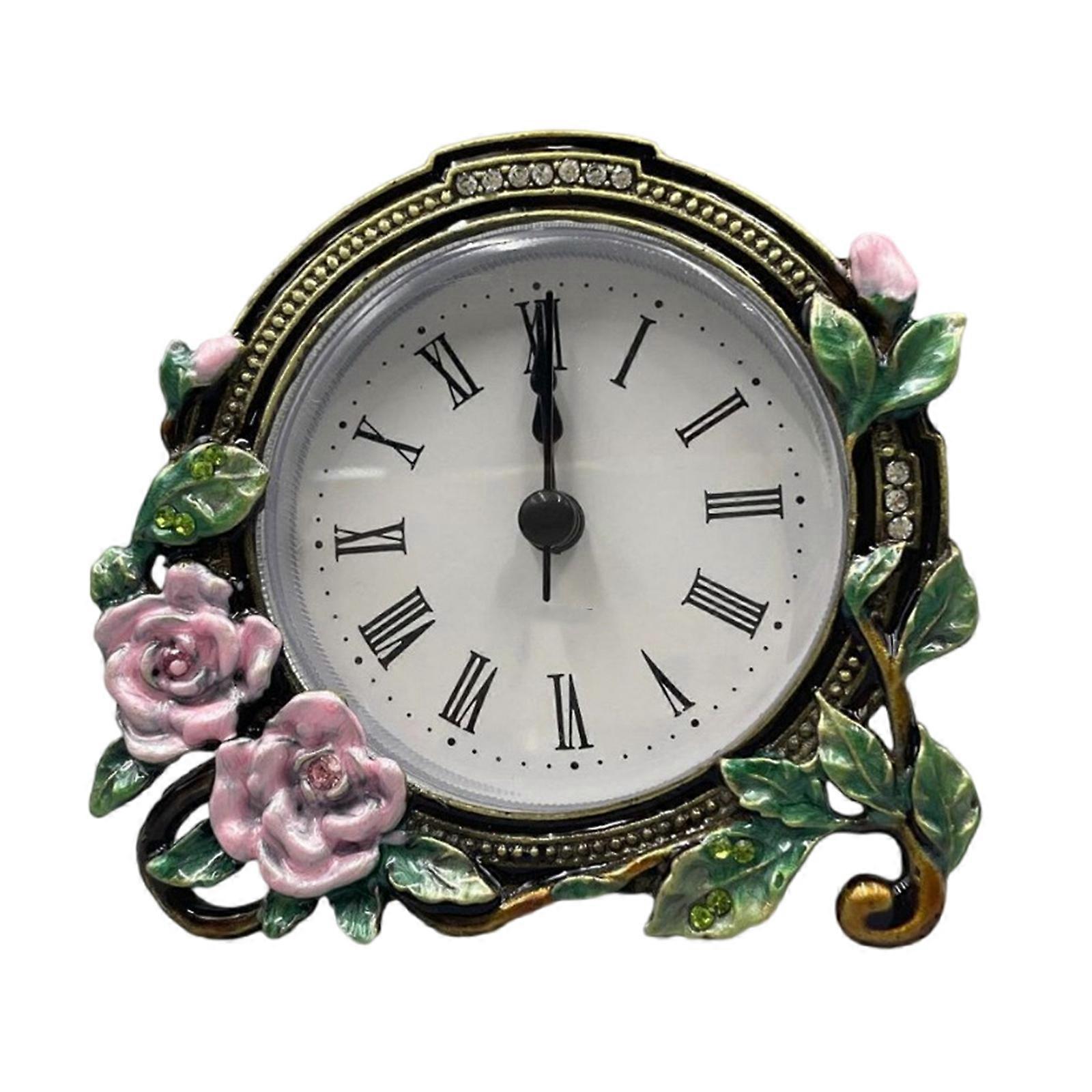 Mini Analog Table Clock Quiet Movement Handcrafts Metal Enamel Floral Battery Operated Clock for Decorative Home Display