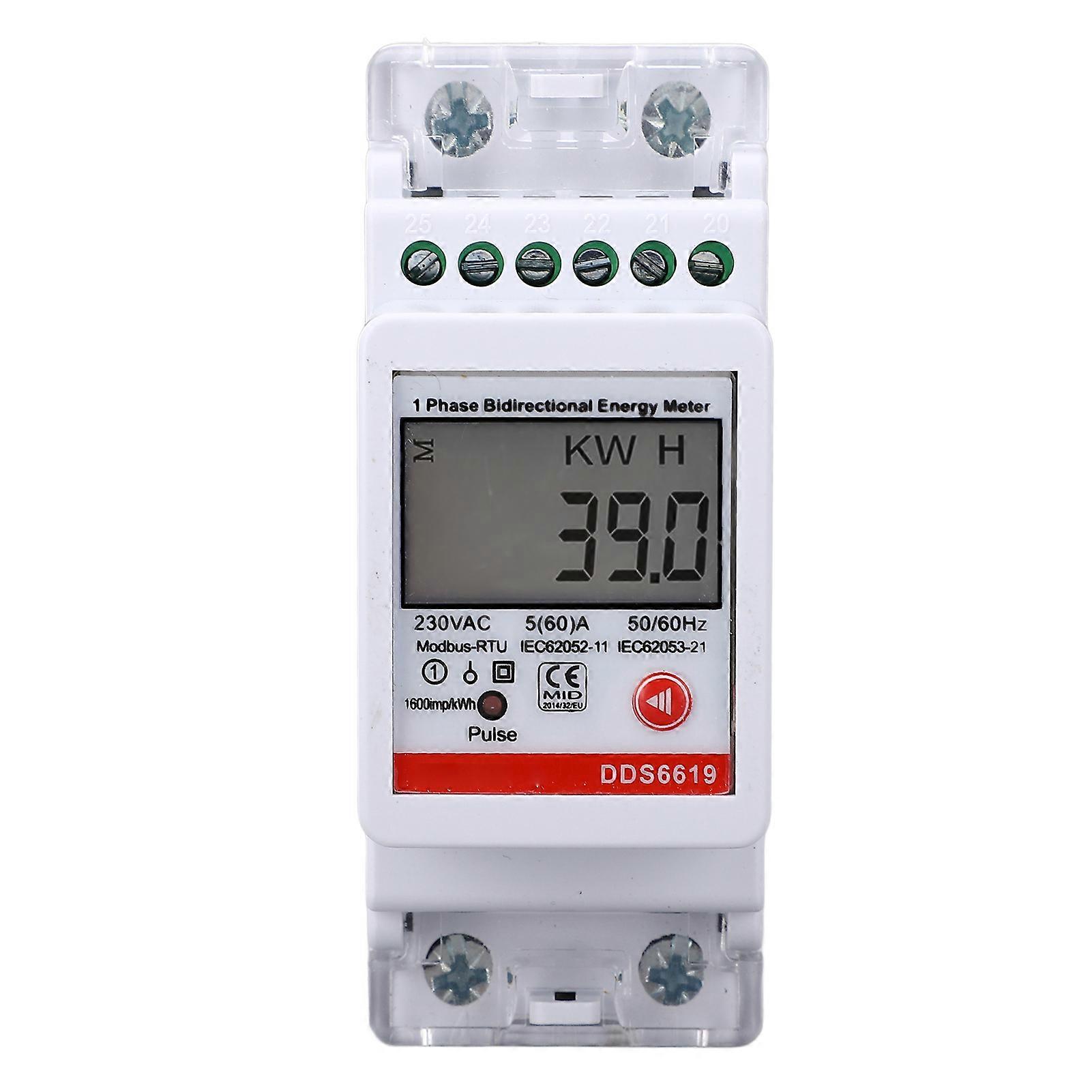 Single Phase Energy Meter, Bi-Directional Measurement, 2P DIN Rail Mounting, KWh Electricity Consumption Meter with RS485 Communication, AC 230V 5A