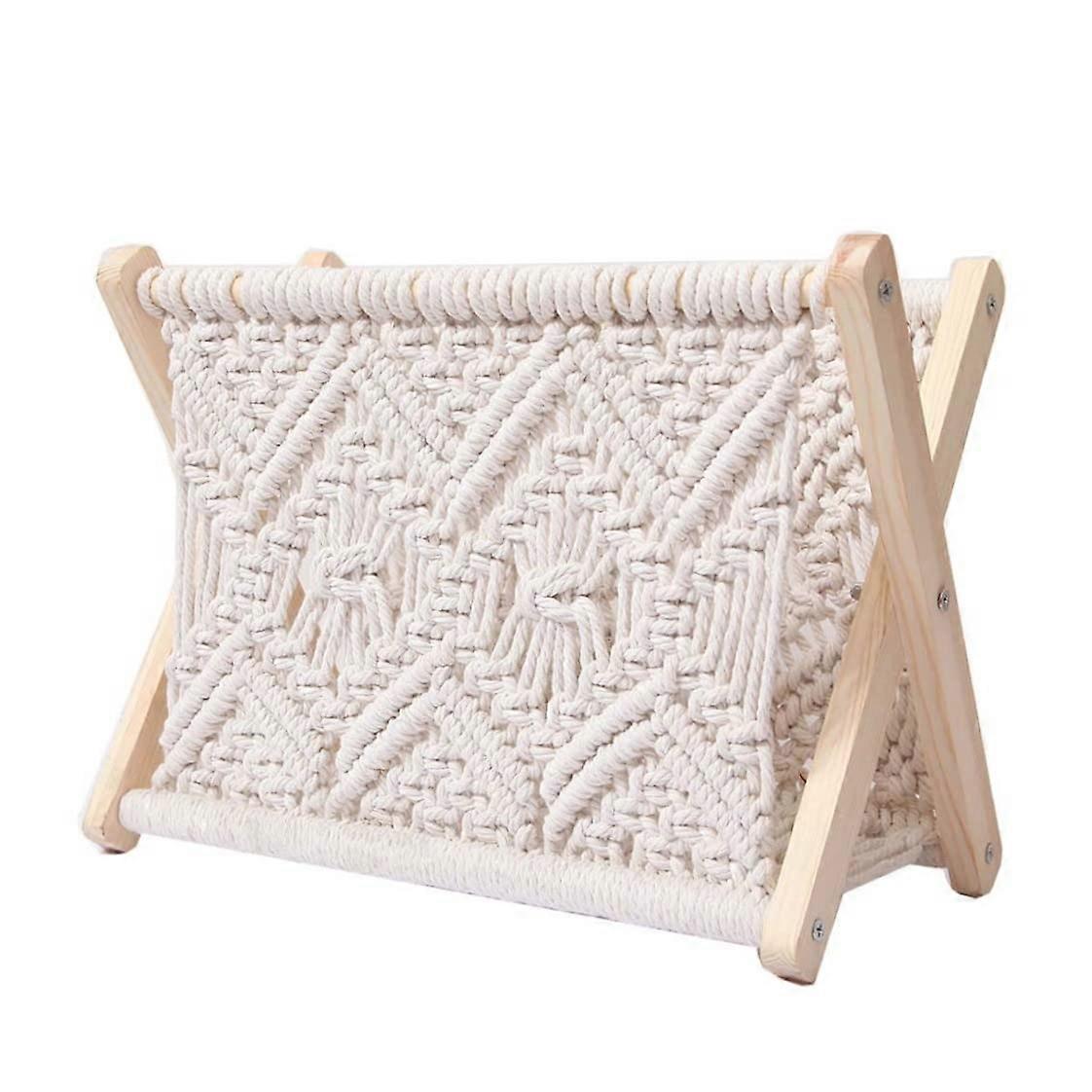 Macrame Magazine Rack Cotton Macrame White Standing Magazine Holder Rustic Style 32 x 27 x 20 Cm For Books & Newspapers