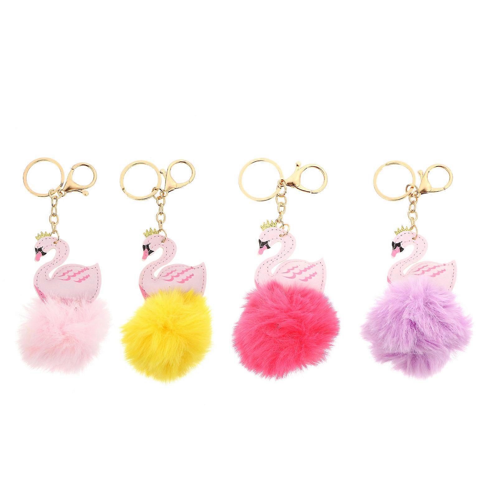 Swan Keychians Key Pendant Decorations Imitation Rabbit Hair Mixed Color 4Pcs
