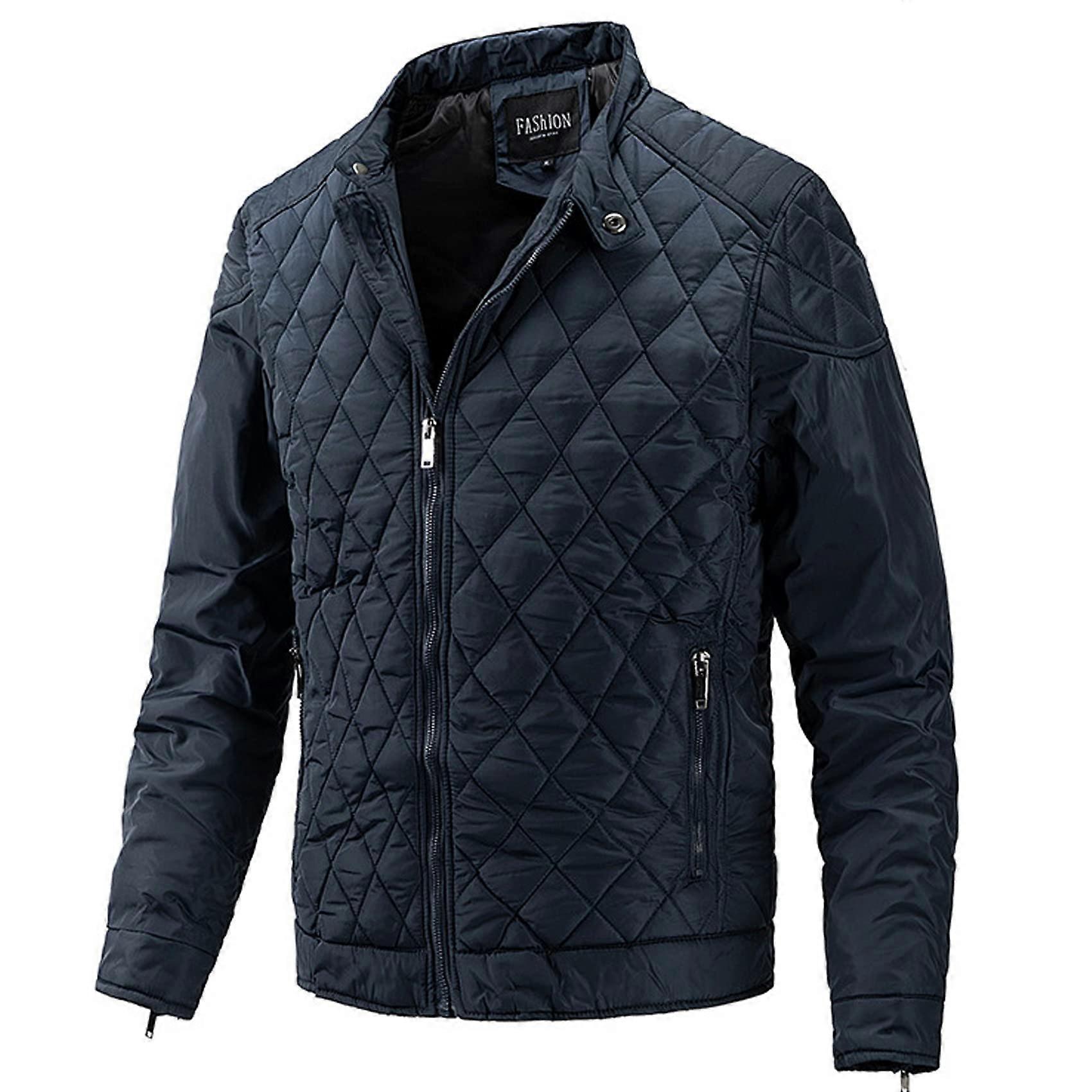 Men's Autumn and Winter Jacket Solid Colour Stand-Up Collar Casual Thin Cotton Jacket Size M Dark Blue