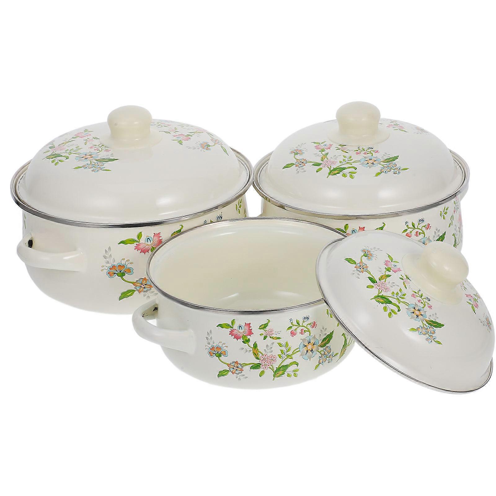 3pcs Floral Enamel Saucepan Set, Non Stick Cooking Pots with Handles for Boiling, Simmering & Stewing, Decorative Enamelware for Home Kitchen Use