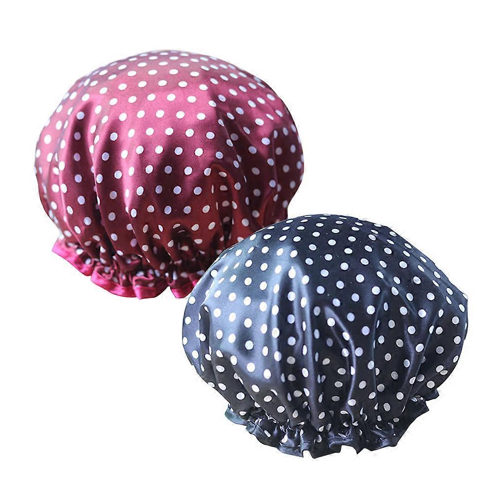 Waterproof Layers Shower Cap Double-Deck Design Bath Accessories Black Base with White Dot Reusability 2Pcs