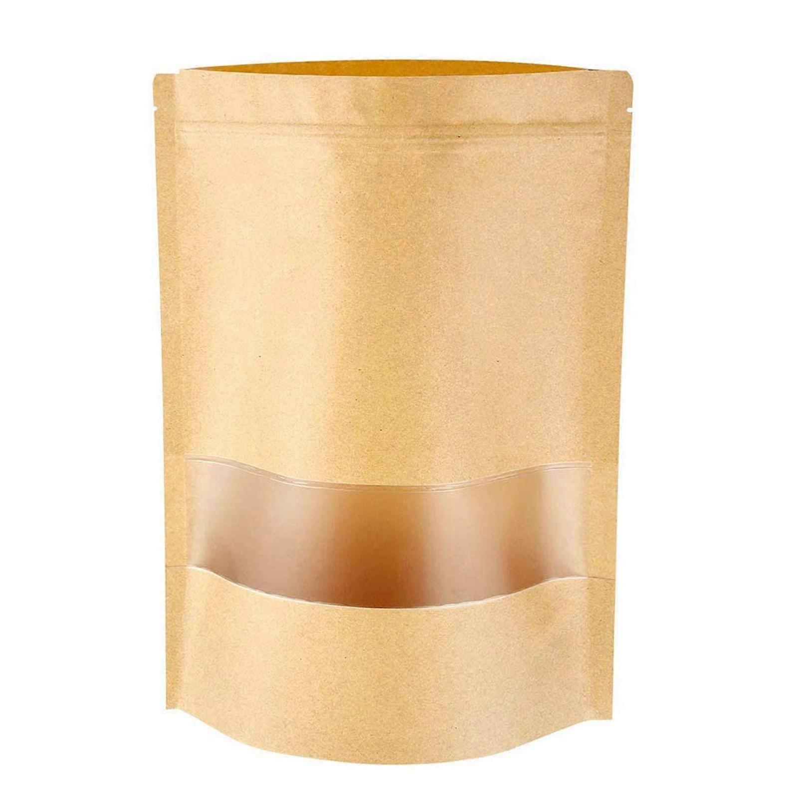 Kraft Paper Bags with Ziplock and Clear Window for Food Storage, 50 Pack, 9 x 14 cm, Strong and Durable