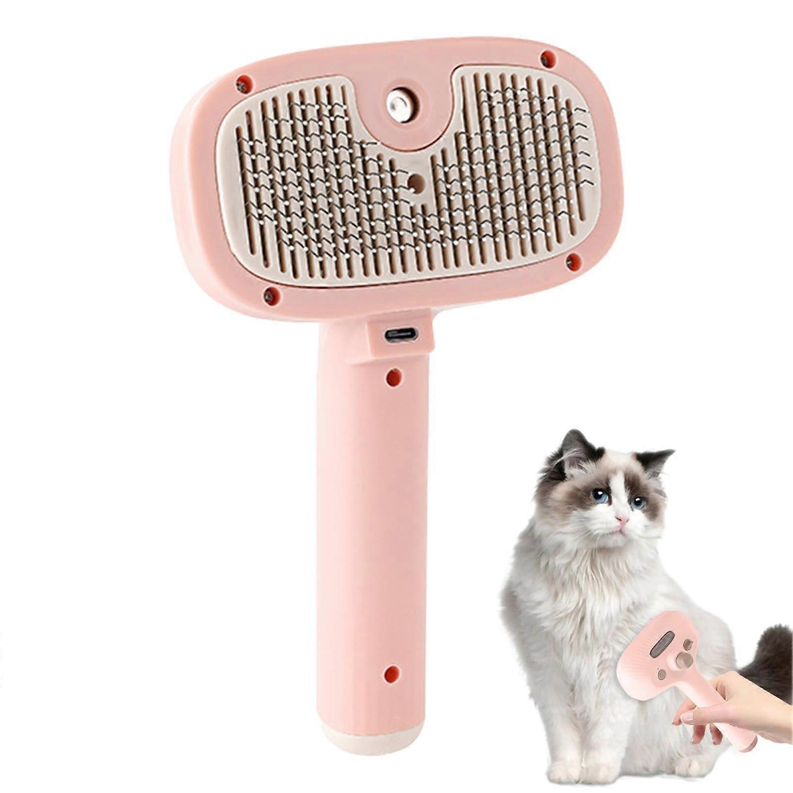 Cat Grooming Comb Steam Cooker for Puppies, Ergonomic Spray Comb for Matted Hair, Pink Fur Care Comb with Handle