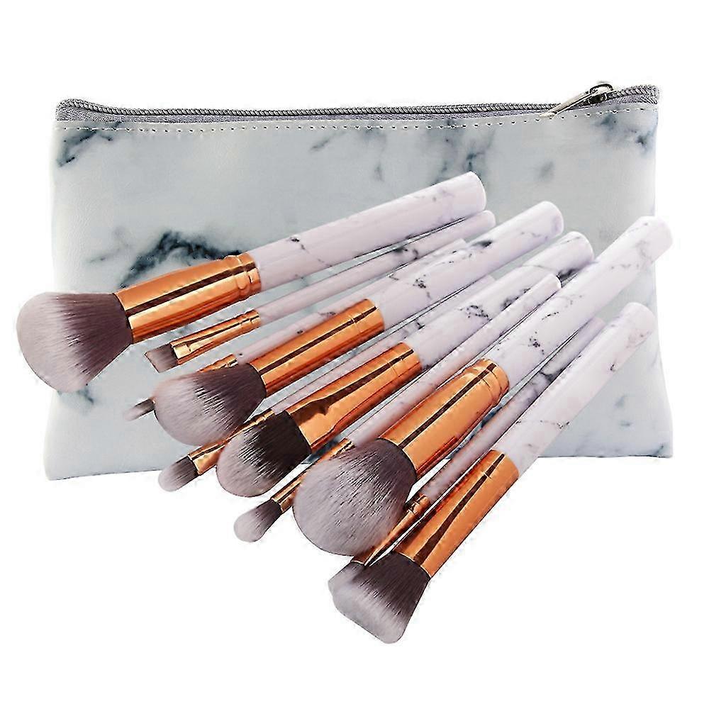 10 Pieces of Lining Color Makeup Brush Set, White with Brush Bag, Marble Pattern Beauty Tools