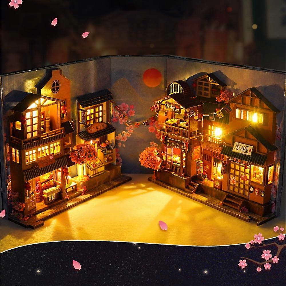 DIY Book Nook Kit, 3D Puzzle Wooden Bookend, DIY Miniature House with LED Lights (Cherry Blossom Alley)