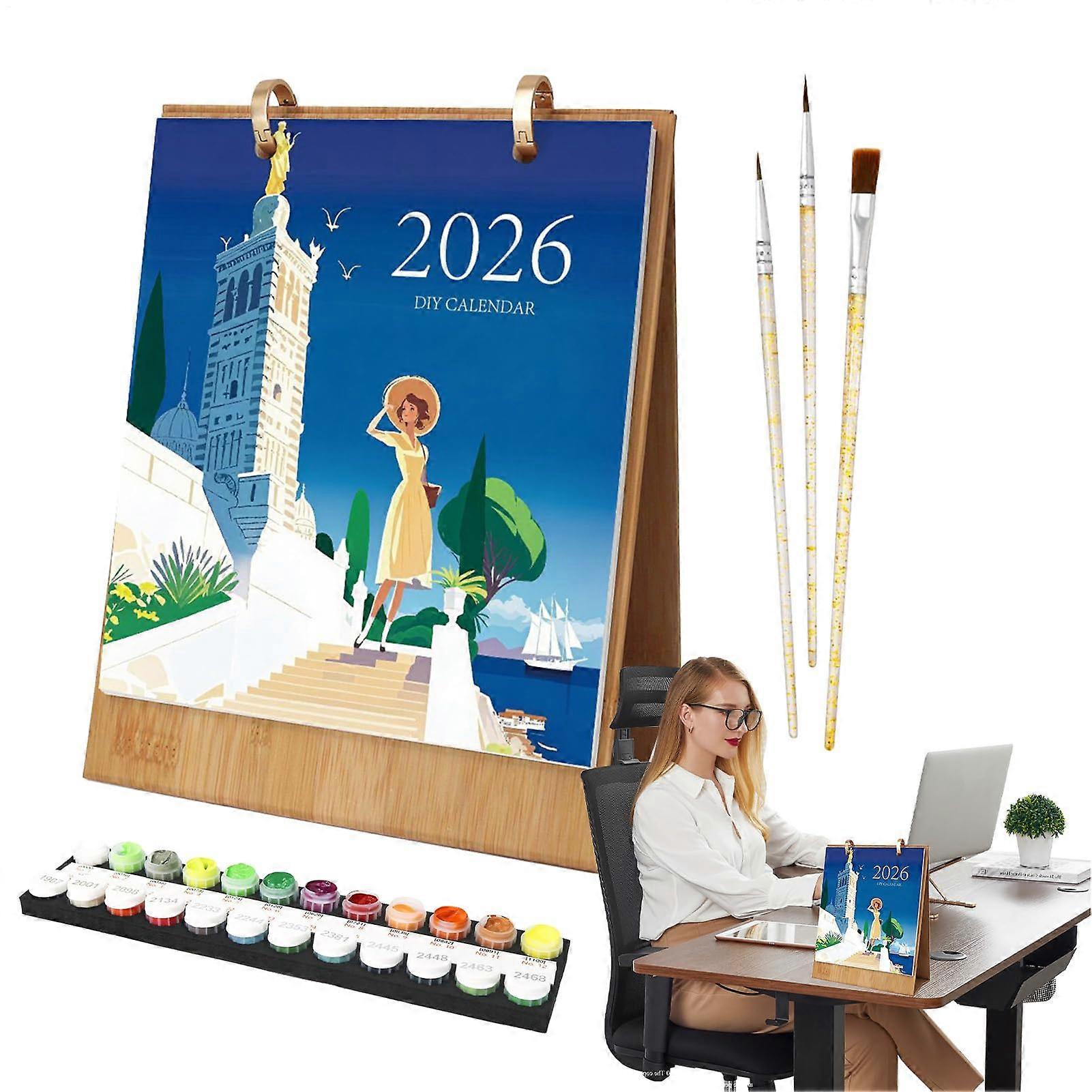2026 Desk Calendar Paint by Numbers Calendar Set for Adults Planning Helper for Home, School, Office, Hotel, Dormitory, Exotic