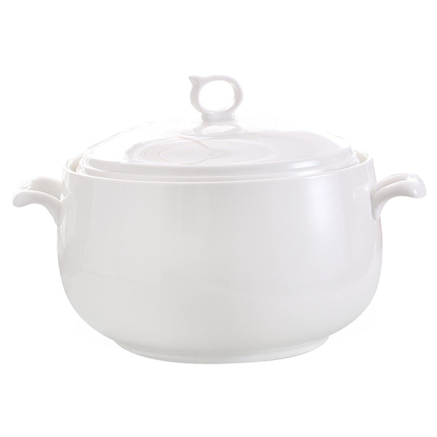 White Ceramic Soup Tureen with Lid, 3000ml Capacity, Double Bowl Design with Handles and Round Ring, Kitchen Utensils Accessories