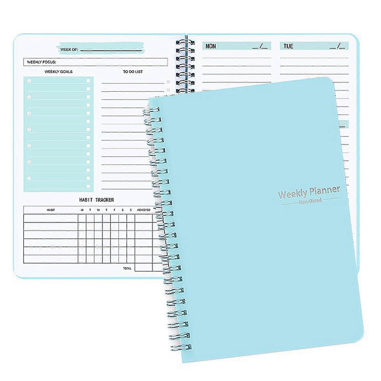 Weekly planner, 52 weeks, diary, notebook, undated, weekly planner, spiral binding, weekly planner, 104 pages, undated, for office, blue.