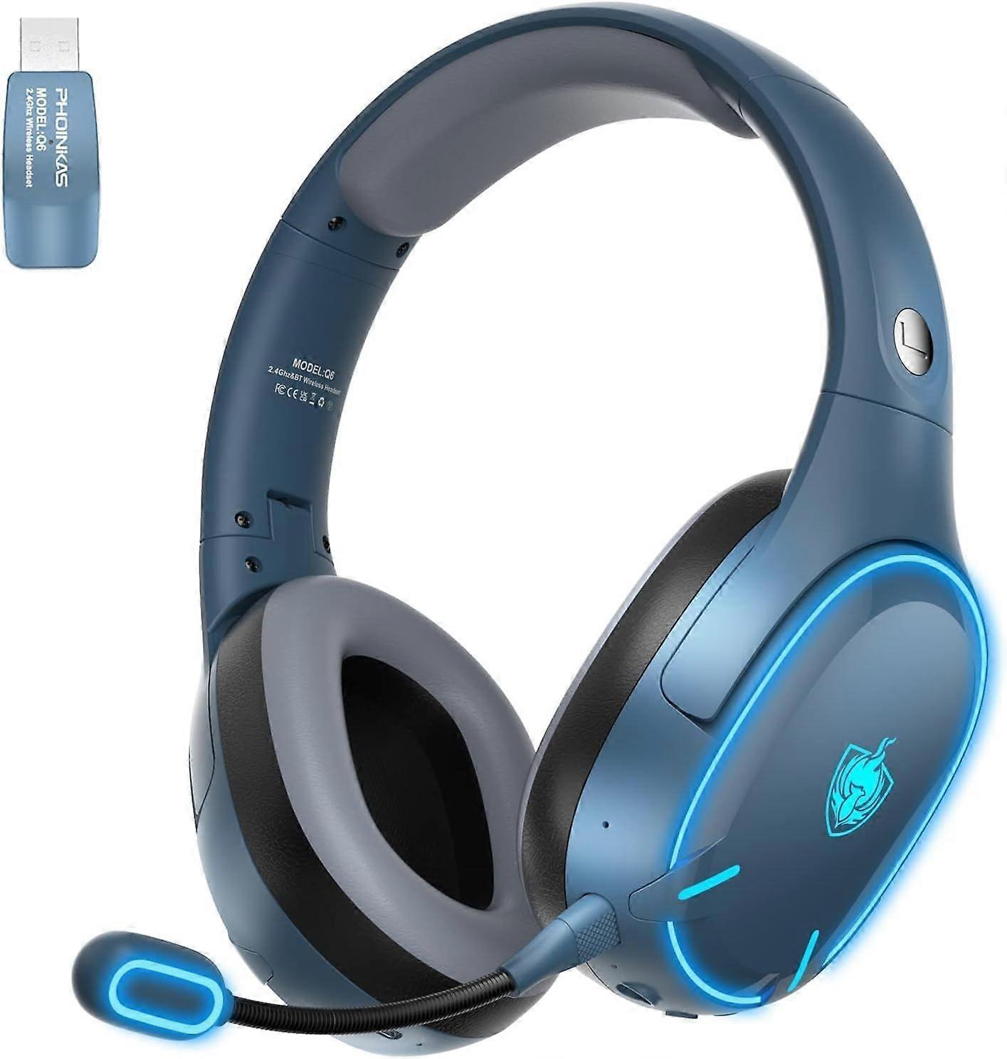 Dual Chip Wireless Bluetooth Headset Bluetooth 5.3, Noise Cancelling Microphone, LED Light for PC/PS4/PS5/TV/Switch(Blue)