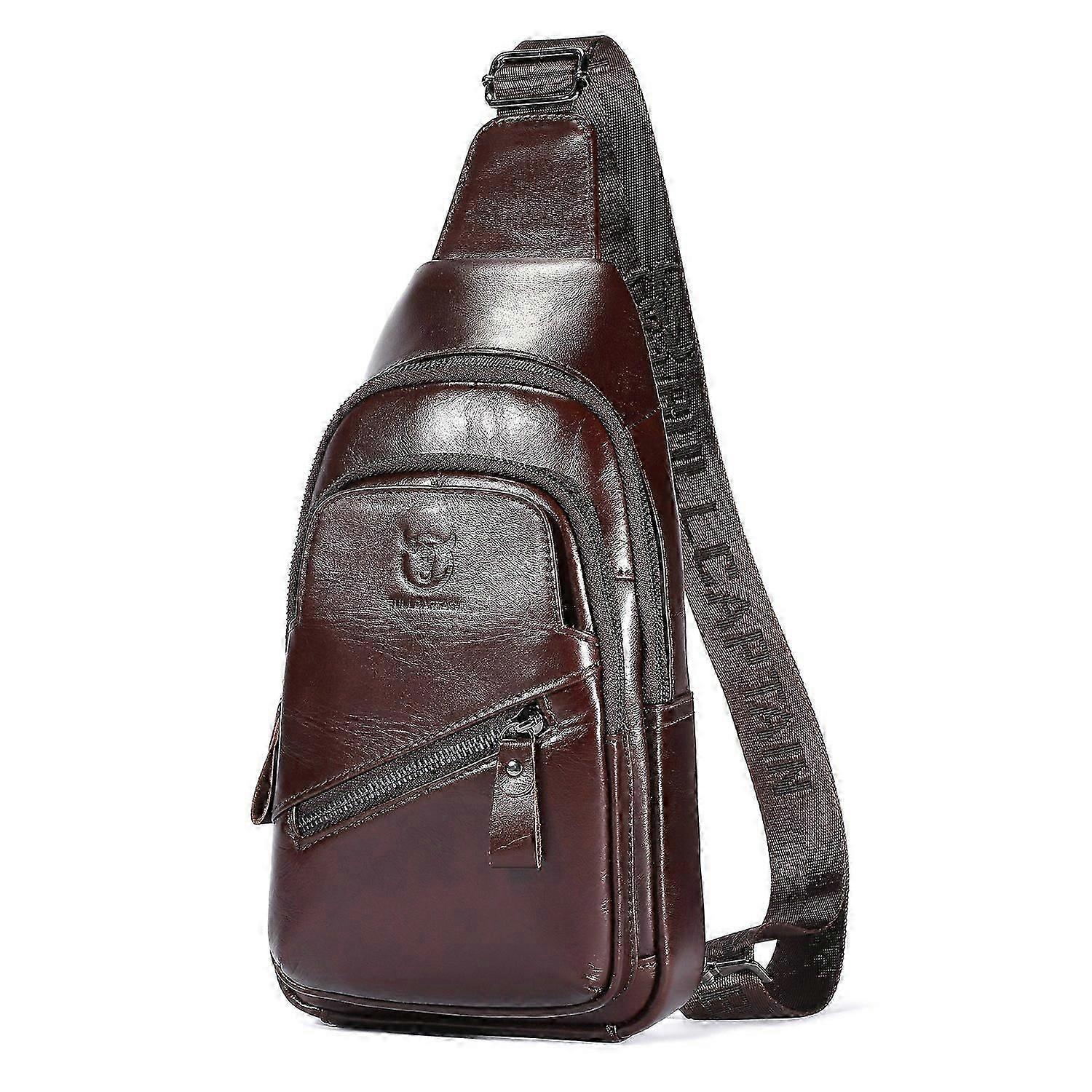 BULLCAPTAIN 0127 Large Chest Bag Top-Layer Cowhide Leather Crossbody Daypack with USB Charging Port