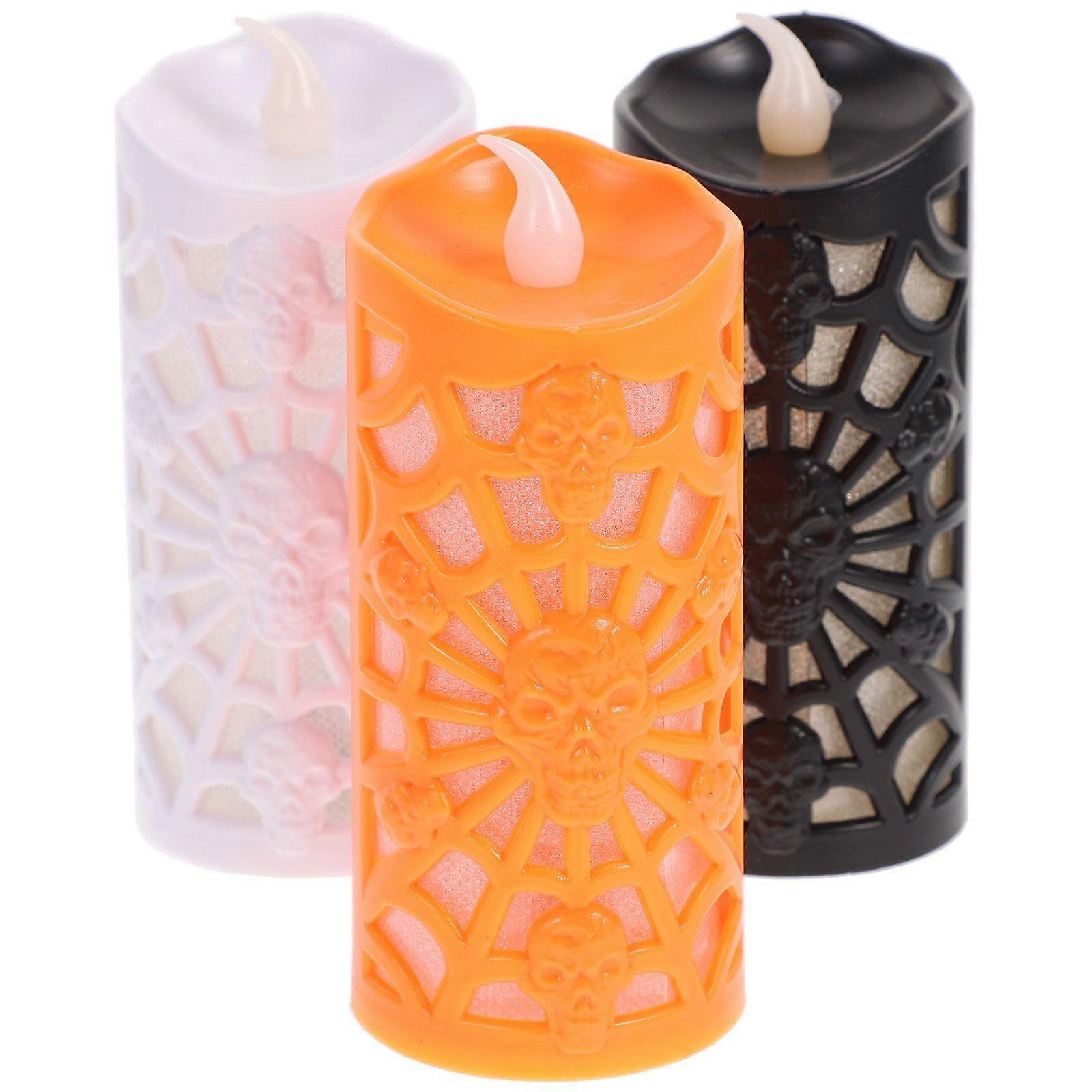 3PCS Halloween Candle Lamp Decor Spider Web Skull LED Candle Lamp Colorful LED Gradient Flash Lamp Decor Halloween Night Lamp for Home Party (Orange+B