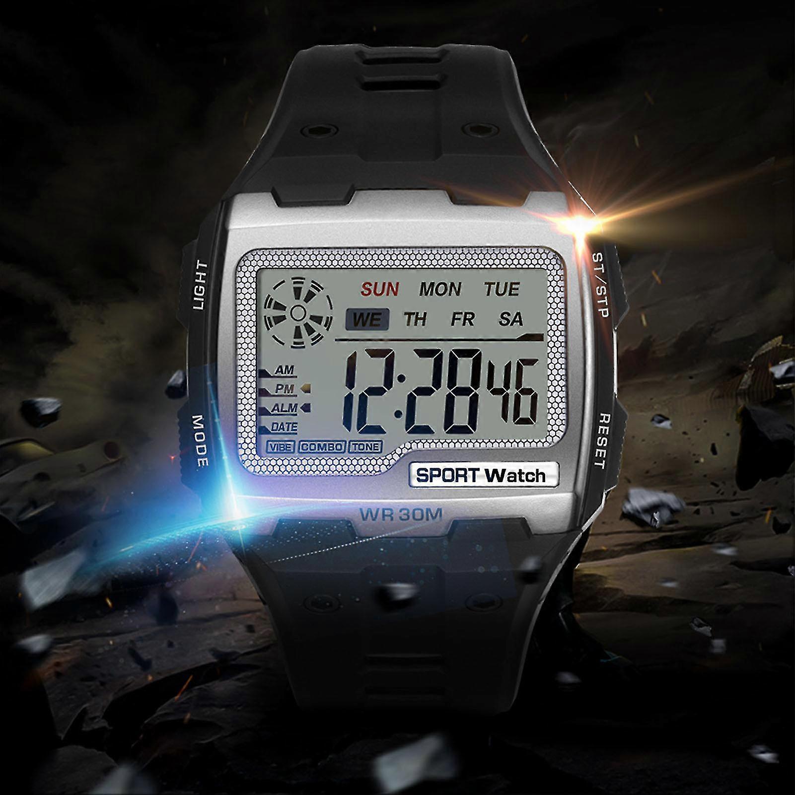 Digital Sport Watch Large Display LED Alarm Clock Shockproof 12/24 Hour System 50 Meter Waterproof Multifunction Outdoor Digital Watch for Men Silver