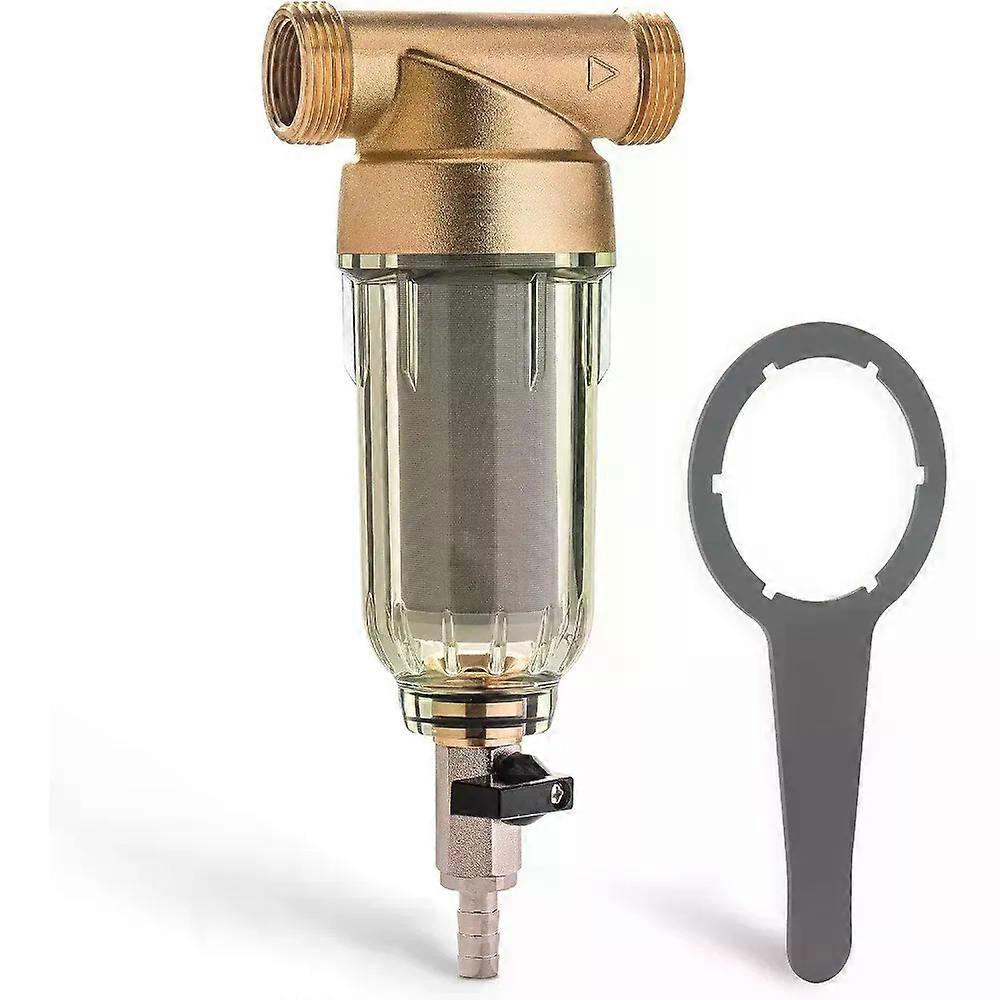 Reusable Whole House Spin Down Sediment Water Filter 100 Micron Flushable Prefilter Filtration 1 MNPT + 3/4 FNPT Brass