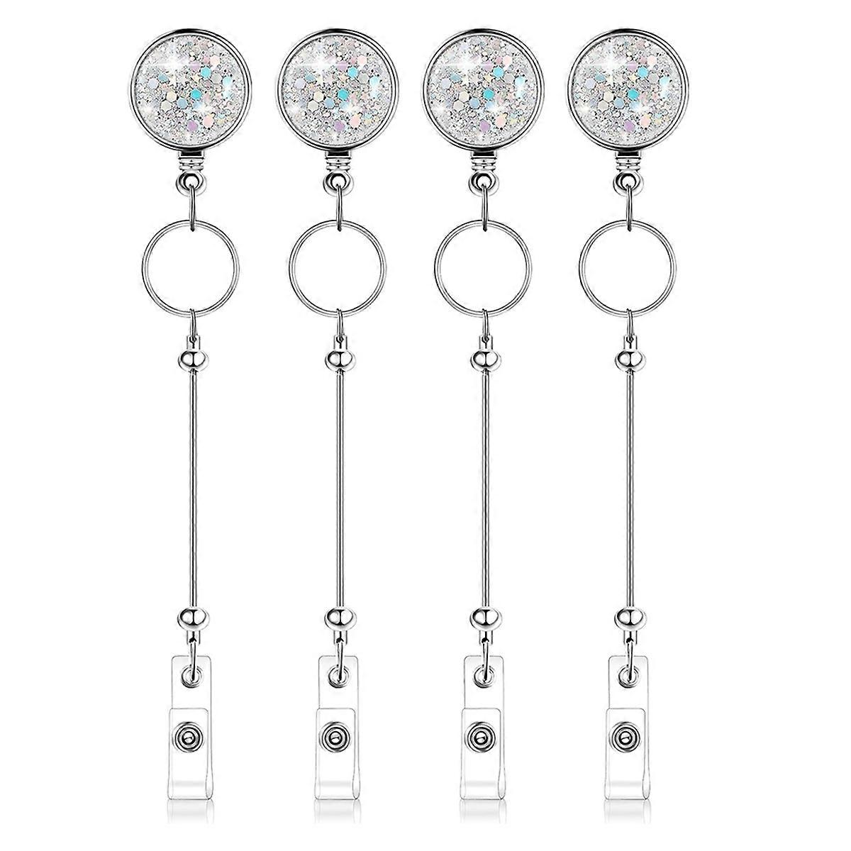 4 Pcs Beadable Badge Reels Blank Bar DIY Glitter Silver