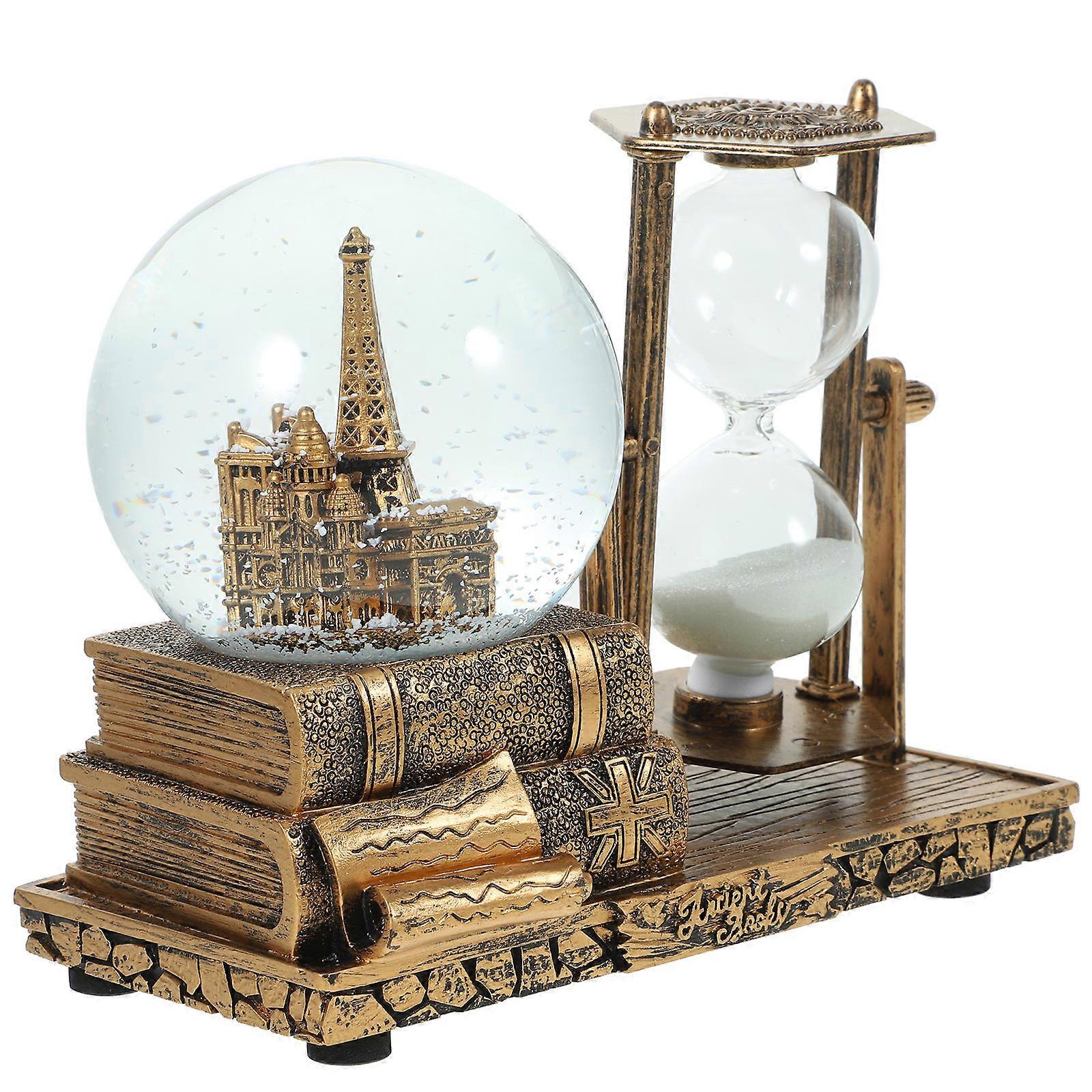 Golden Resin Craft Sand Clock with Music Crystal Ball for Desktop