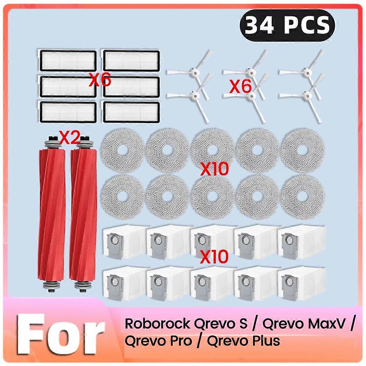 Roborock Qrevo B用メインサイドブラシフィルターモップダストバッグ34個