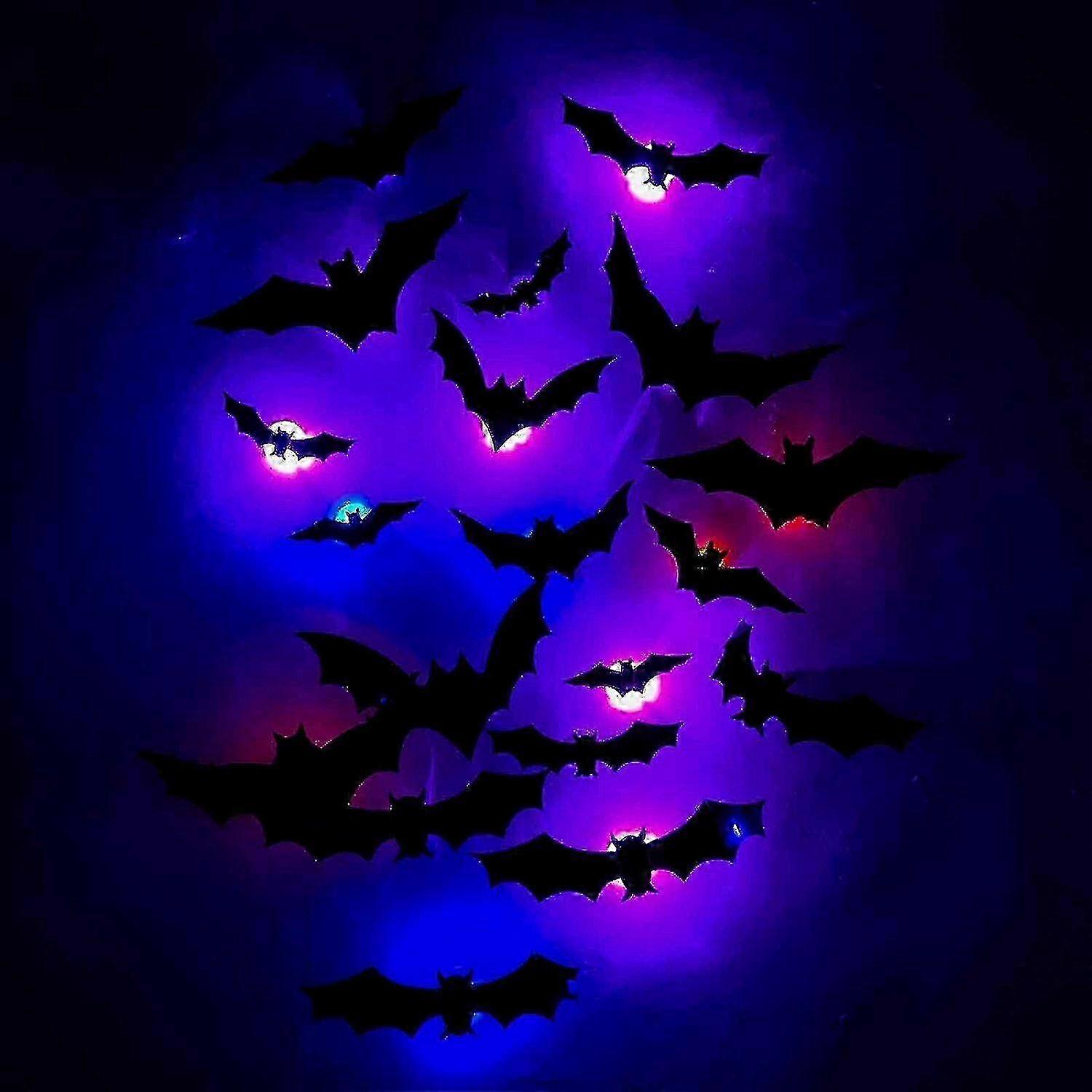 12pcs 3d Bats Wall Decor Led Halloween Stickers 5 Different Sizes Realistic Pvc Scary Black Bat Sticker With Colorful Light Double-sided Adh