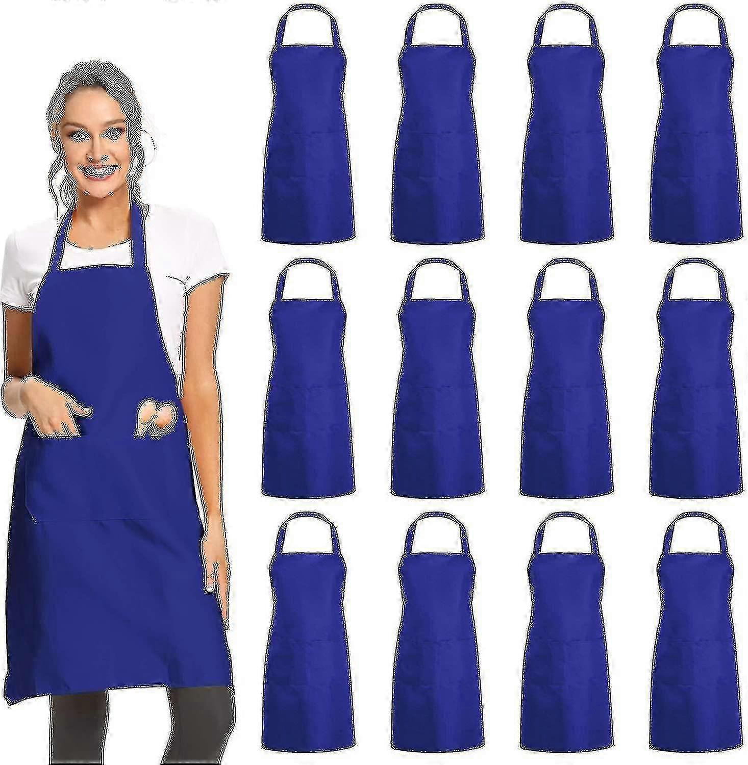 12 Pack Plain Black Bib Aprons with 2 Pockets - Unisex Commercial Bulk Aprons