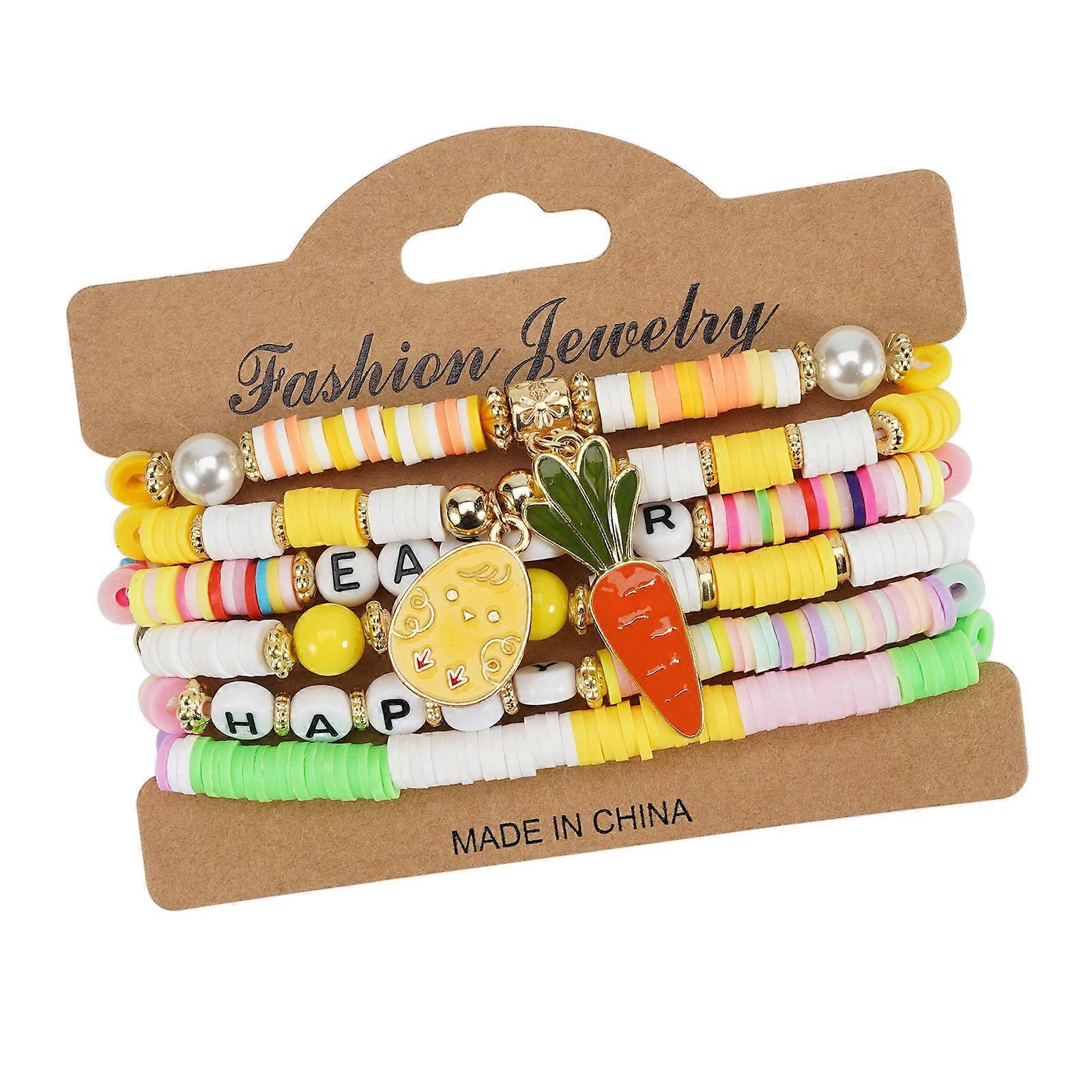 6pcs Easter Rabbit Eggs Polymer Clay Bracelets Comfortable and Vibranting Accessories Portable for Festive Occasions Multicolor