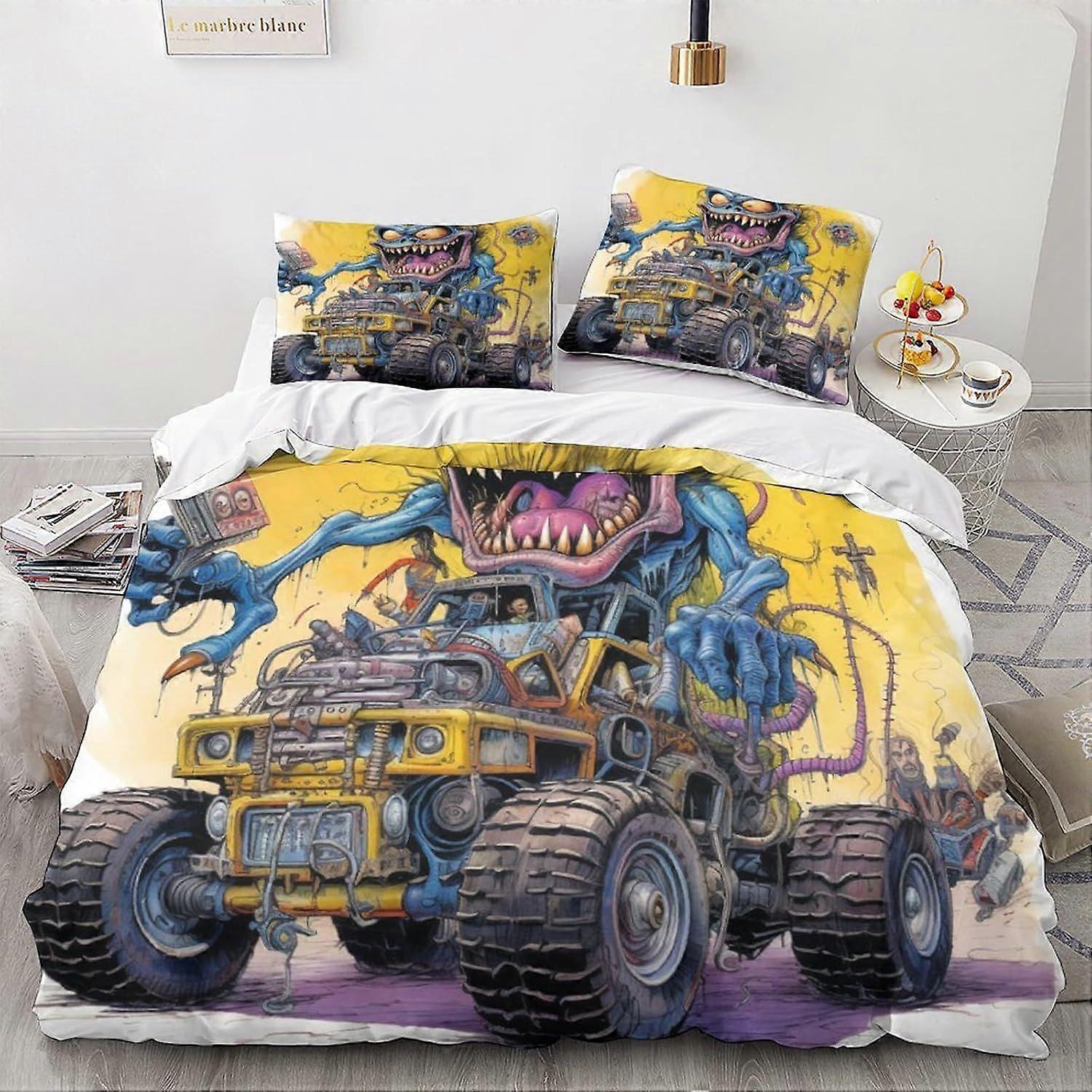 LikeEj Monster 3D desenhos animados capa de edredom Set Vintage Car Pattern impresso Bedding Duvet Cover com fechamento de zíper 3 peças Capa de edredom macio