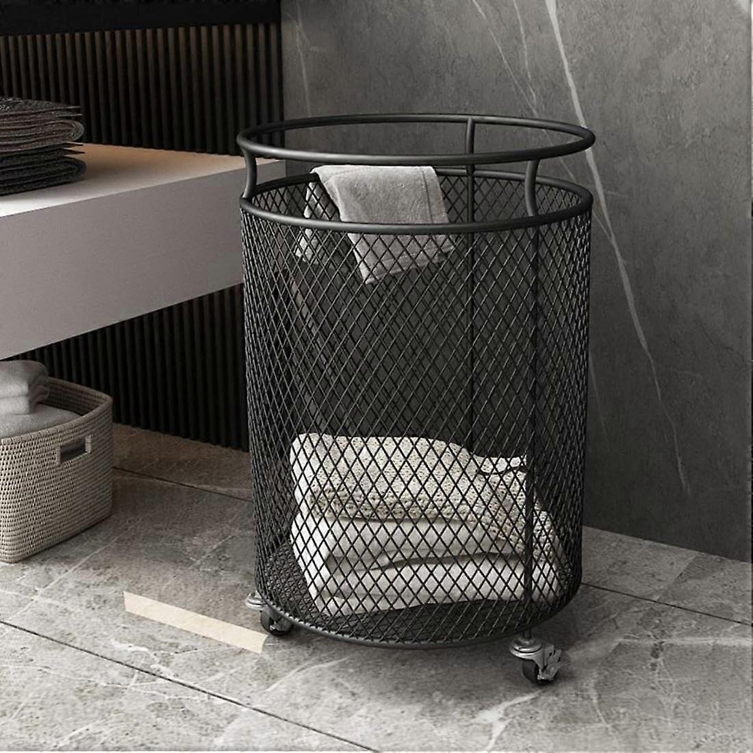Metal Rolling Laundry Cart Grid Design Large Capacity Standing Hamper With Wheels Mobile Storage Bathroom Black