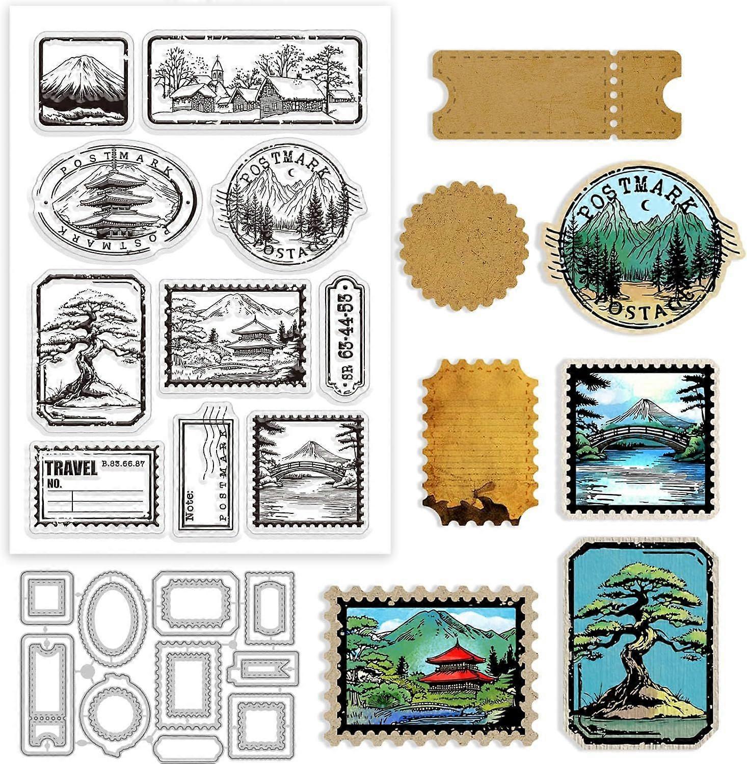 Landscape Frame Stamp and Cutting Dies Set for Card Making Mount Fuji Background Silicone Clear Stamp Metal Plants Pine Trees Die Cuts for DIY Scrapbo