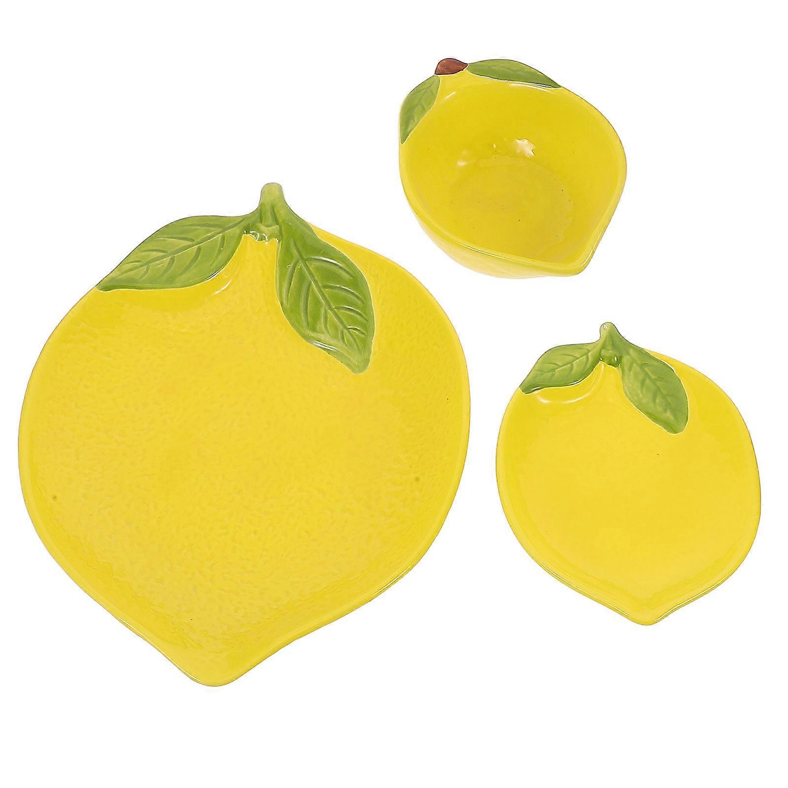 Lemon Shape Fruit Plates Ceramic Serving Set for Kitchen 3Pcs