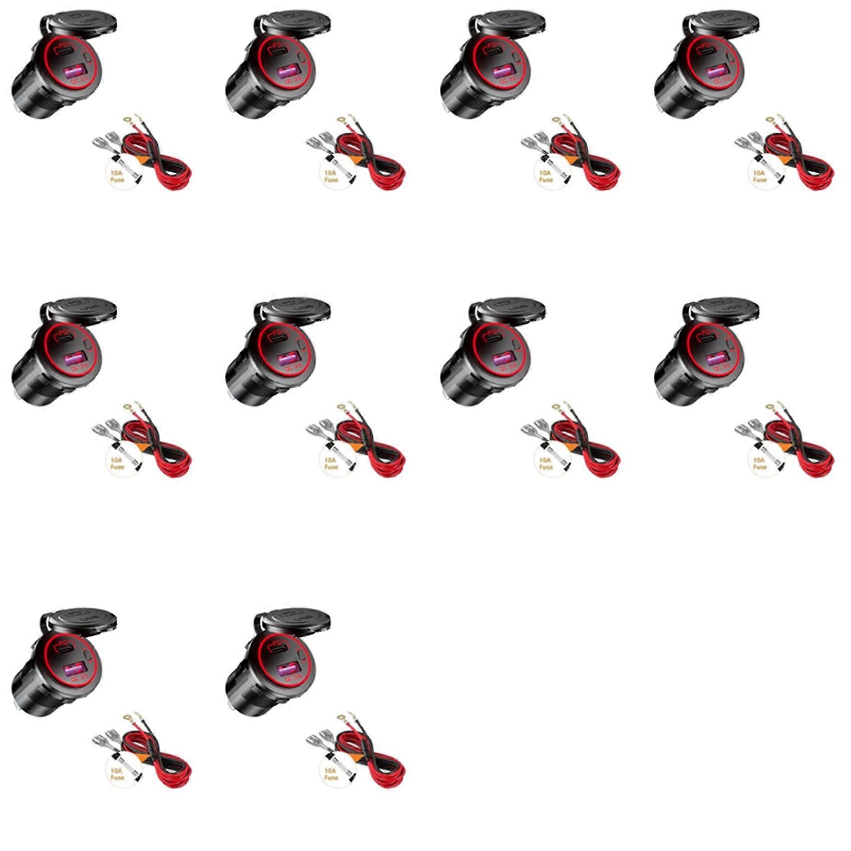 10X PD Type C USB Car Charger and QC 3.0 Quick Charger 12V Power Outlet Socket with ON/Off Switch for Motorcycle RV,Red