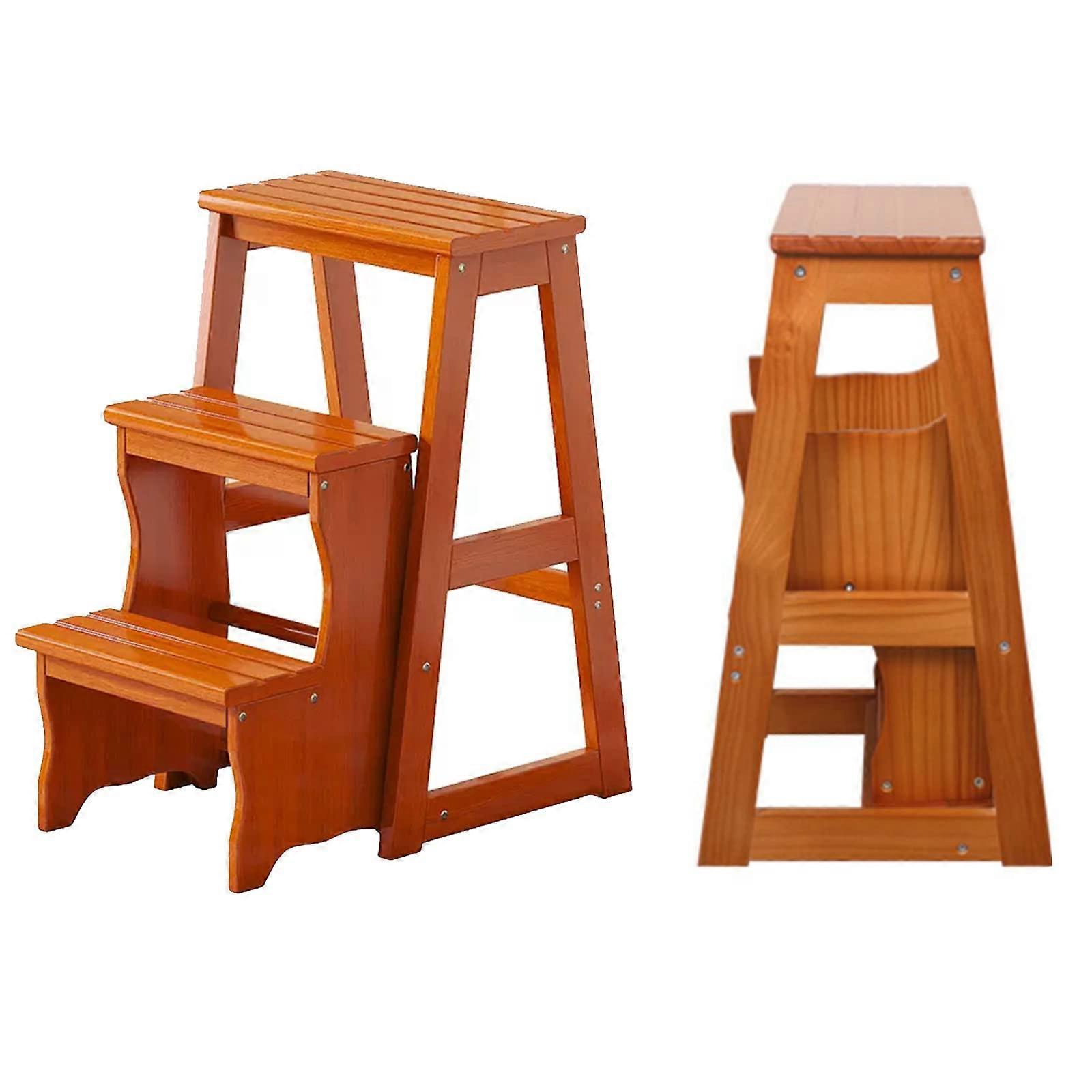 3 Step Wooden Folding Ladder Chair, 2 in 1 Convertible Step Stool Seat, Walnut 77cm, 400 lbs Capacity