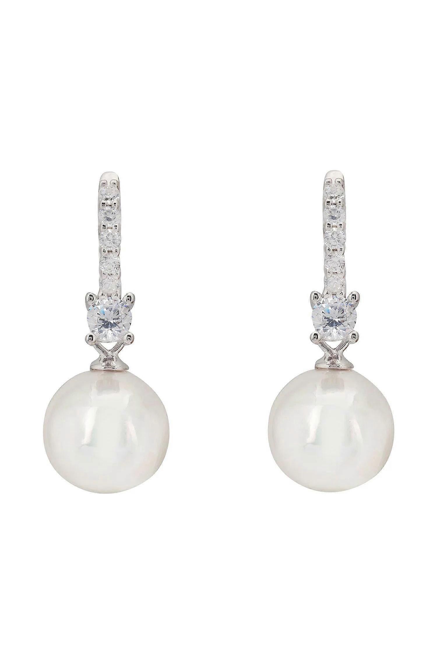 Latelita Serenity Pearl Hoop Earrings in Silver - 925 Sterling Silver with Cubic Zirconia and White Pearl