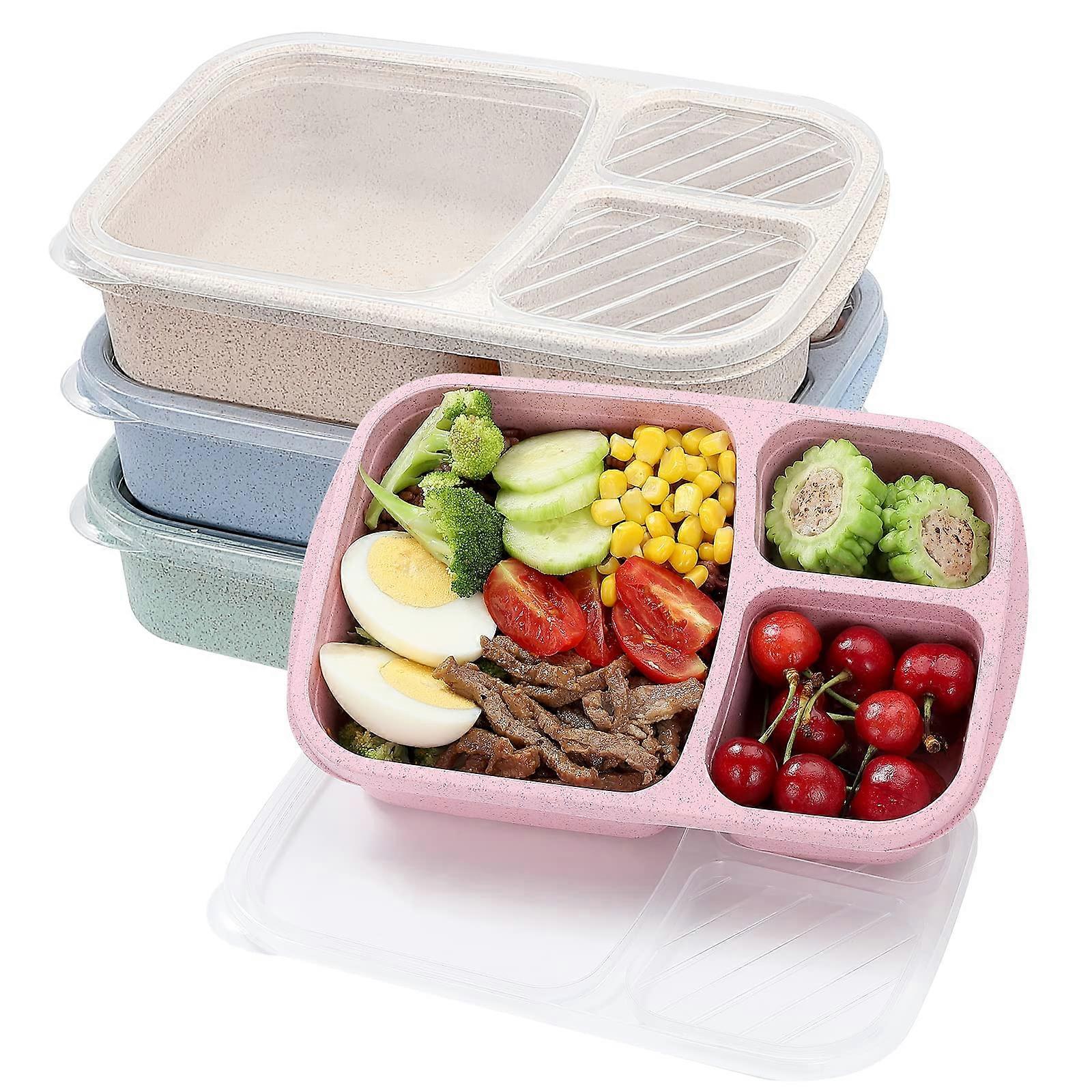 4 Pack Bento Lunch Box Set, 3 Compartment BPA Wheat Straw Meal Prep Containers, Microwave and Dishwasher Safe