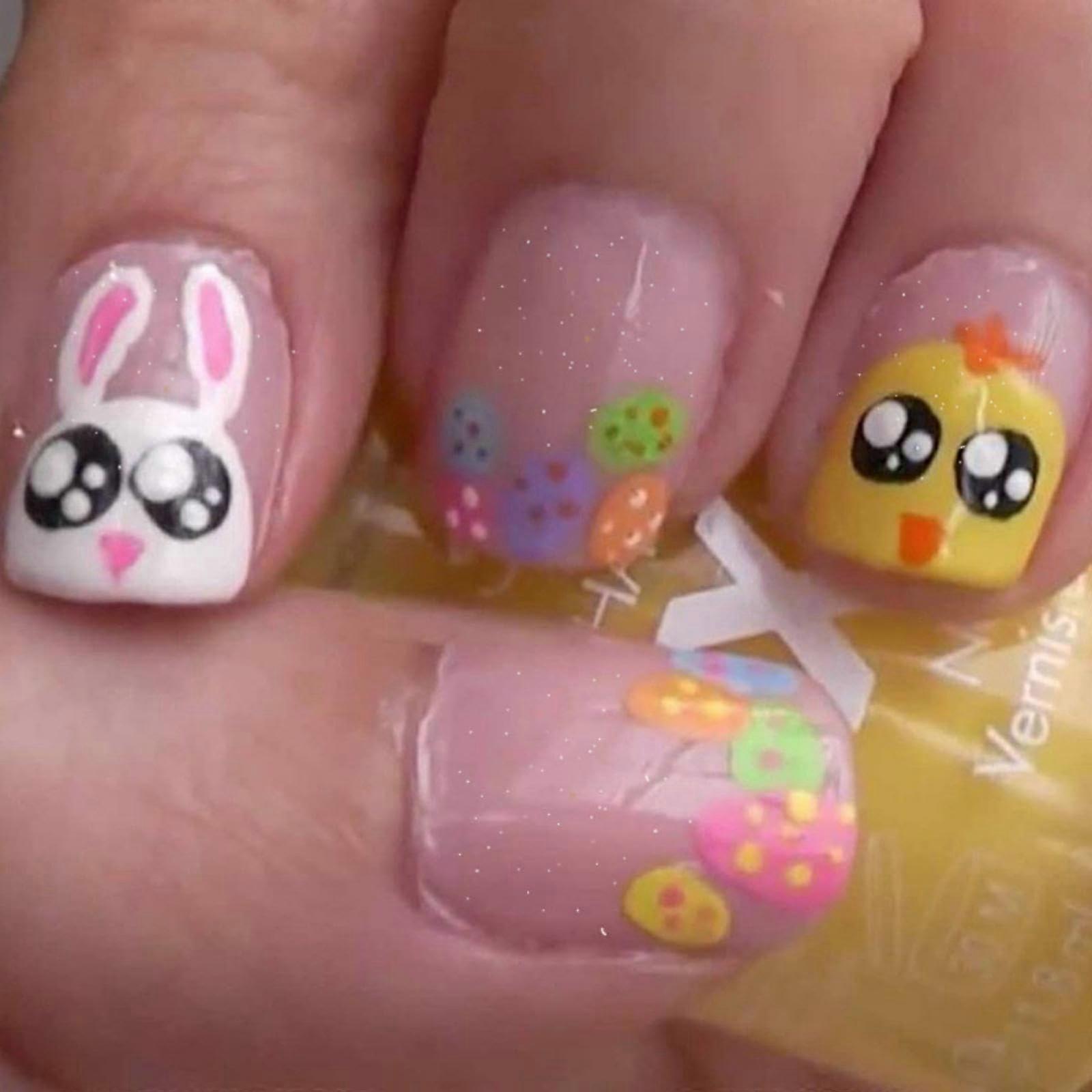 Reusable Easter Bunny Press On Nails Set Short Square Fake Nails with Eggs Design 24pcs