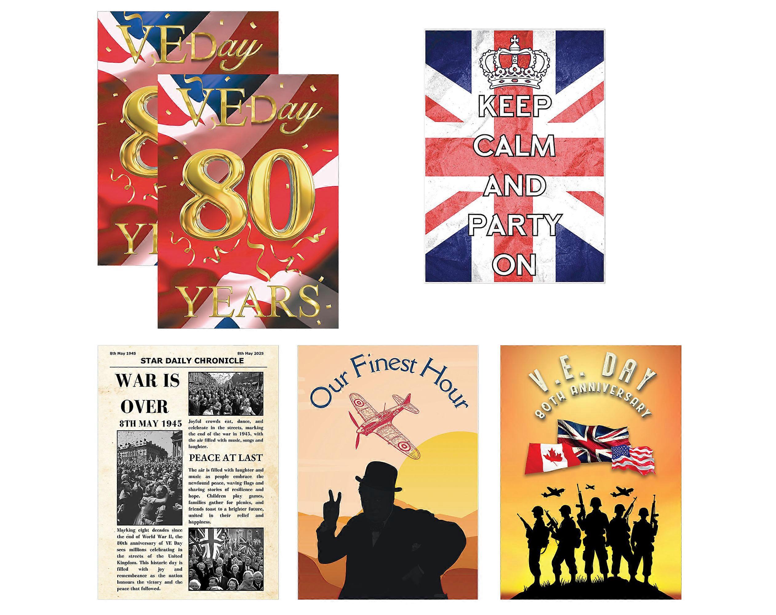 VE Day 80th Year Mixed Selection Double Sided Poster Flags 6 Pack