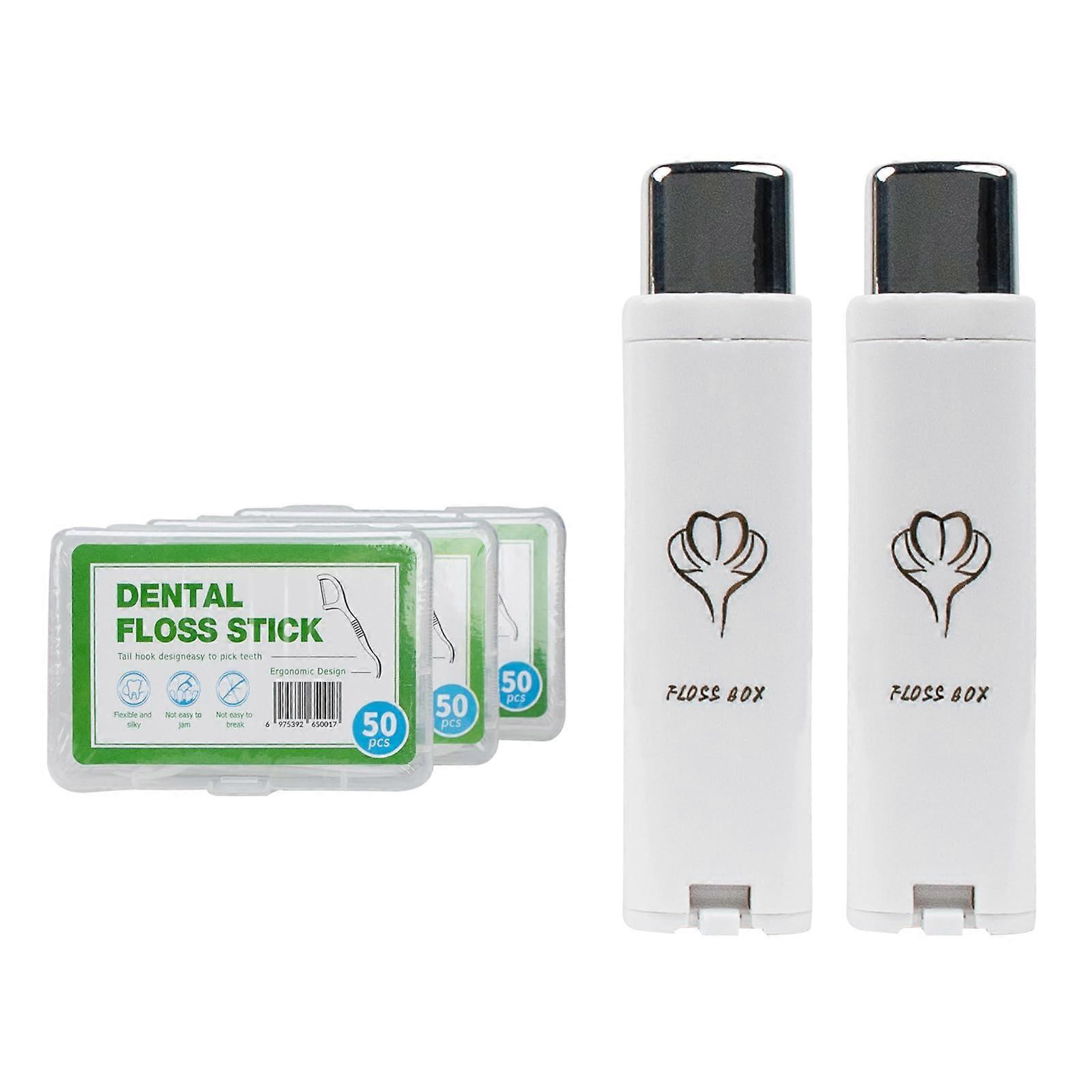 Dental Floss Picks 2 Pack Refillable 3 Box Set with OnePress Travel Dispenser Compact Case White