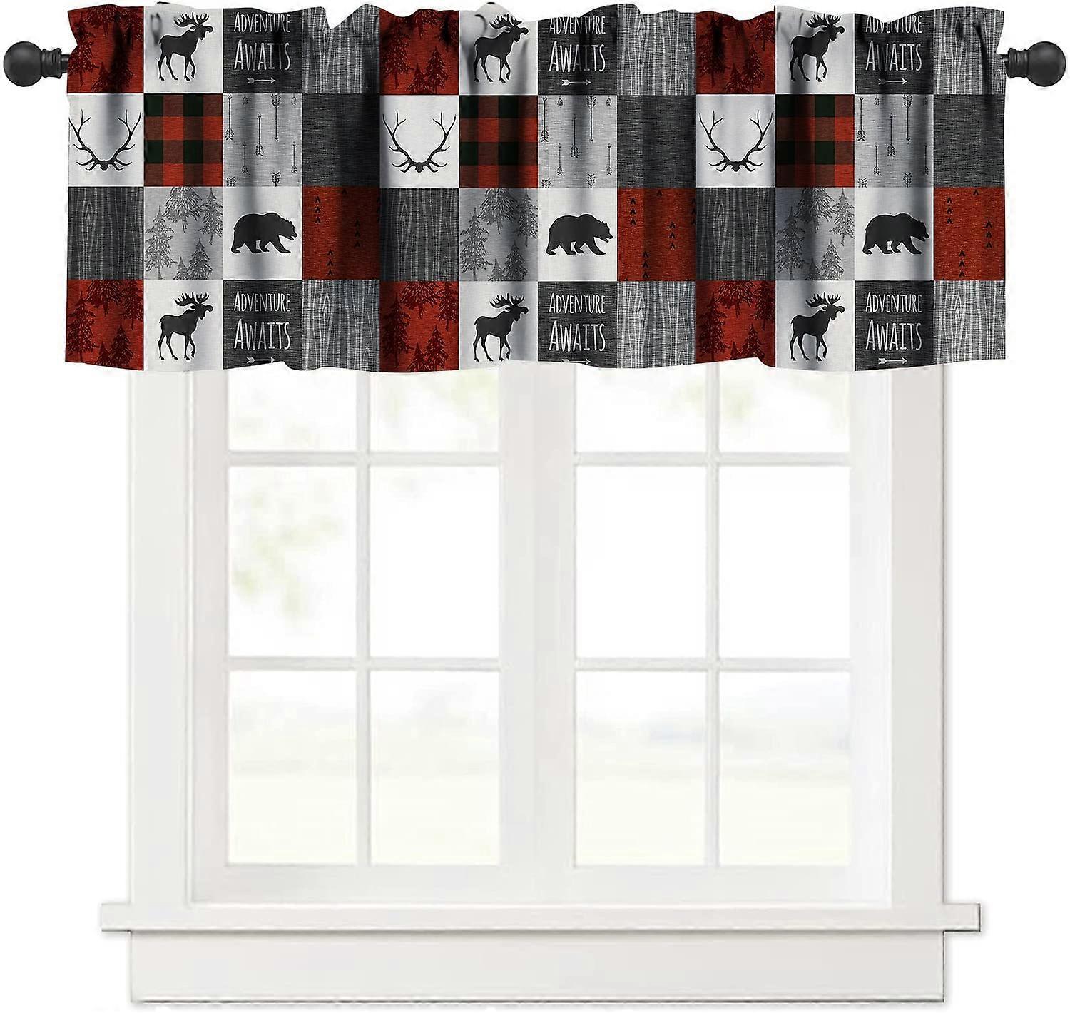 Rustic Window Valance Bear and Deer Plaid Lodge Style 54x18 Light Blocking Cabin Curtains