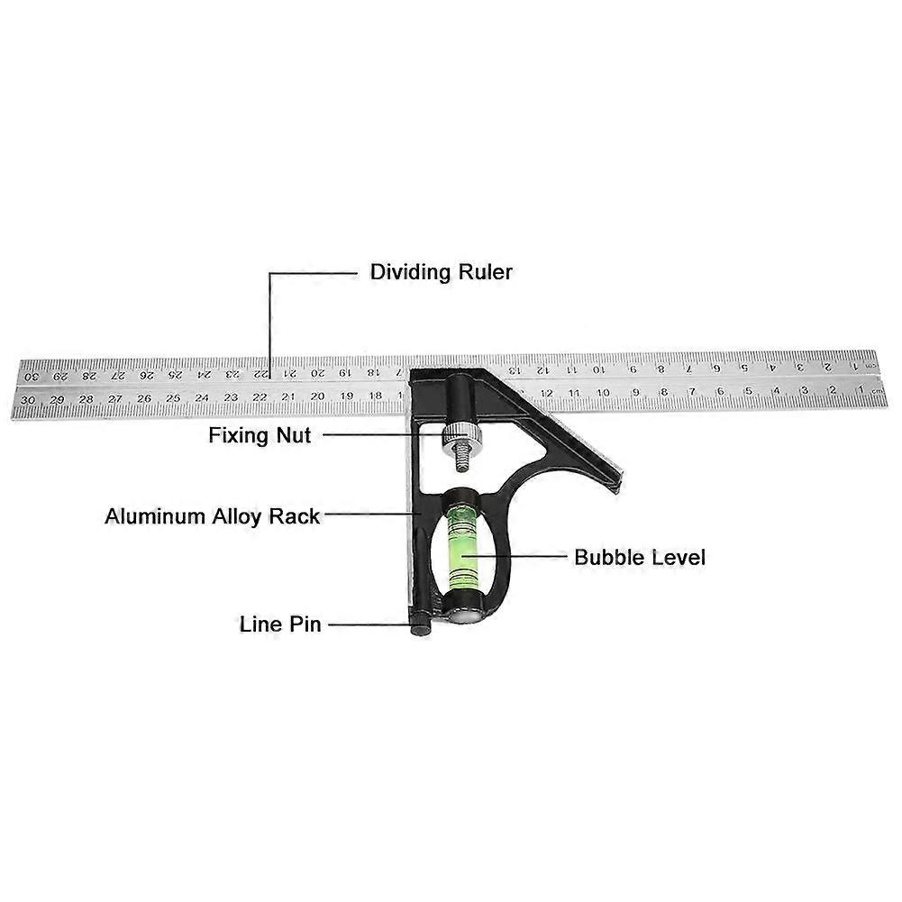 300mm Adjustable Combination Square Angle Ruler 45/90 Degree with Bubble Level
