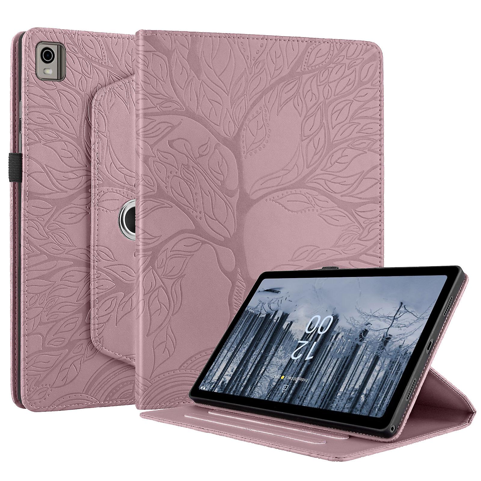 For Nokia T21 Case, Premium 3D Embossed Tree Pattern Slim PU Leather Folio Cover With 360 Degree Rotating Stand,Rose Gold
