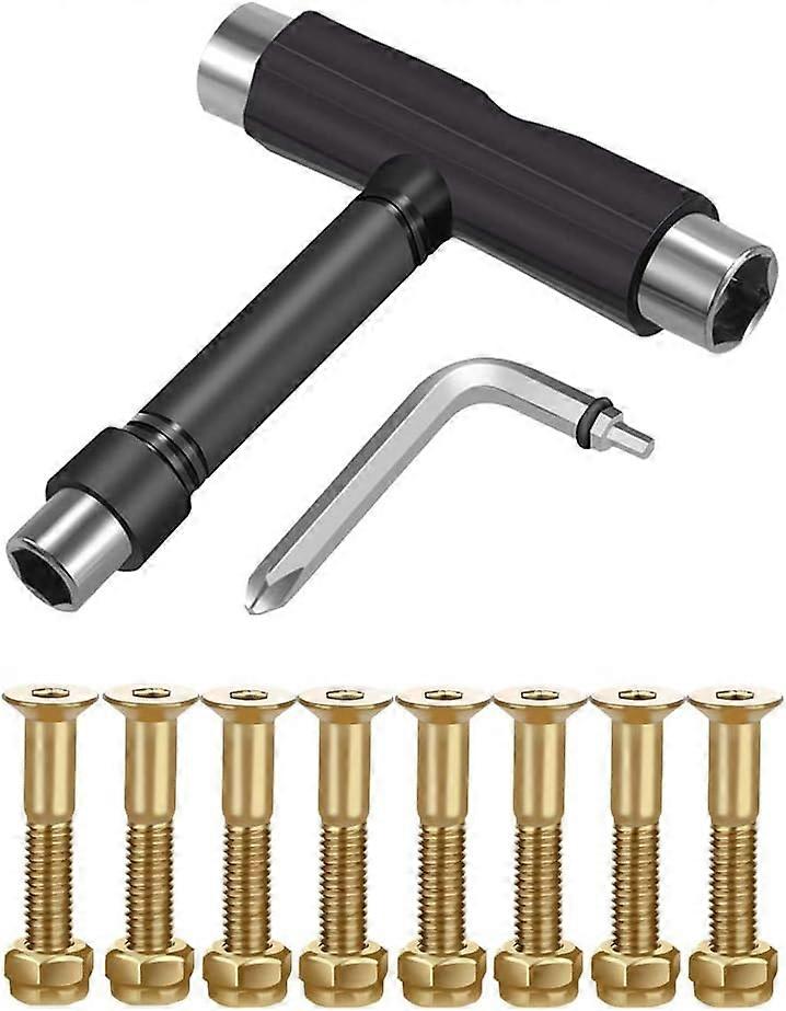Skateboard Hardware 8 Piece Bolt Set and All-in-One Skateboard Tool Skateboard T Accessory with Tool L-shaped Phillips Wrench Screwdriver